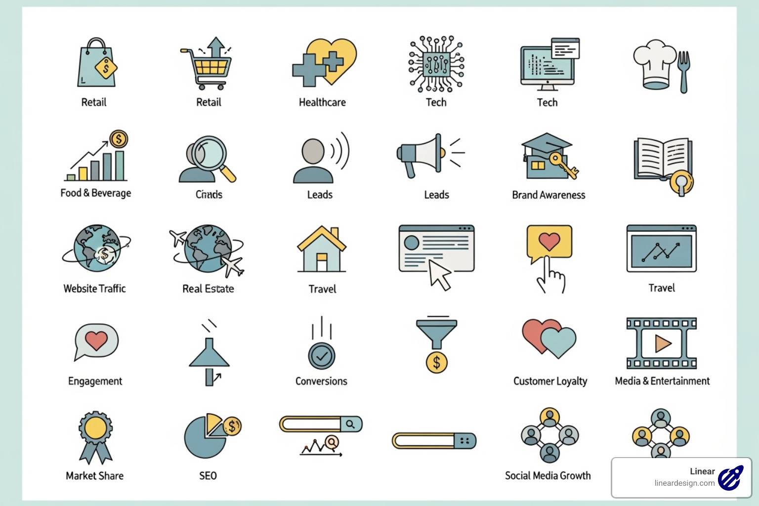 various icons representing different industries and campaign goals - facebook ads management service pricing