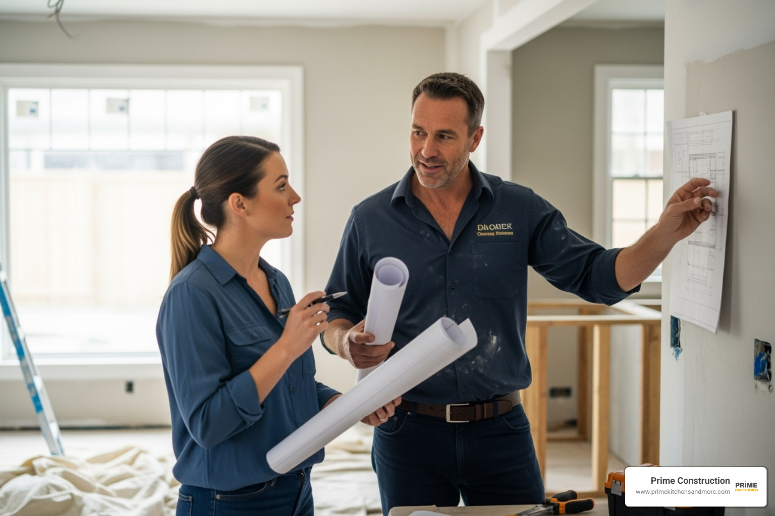 professional contractor discussing plans with a homeowner - bathroom renovation near me