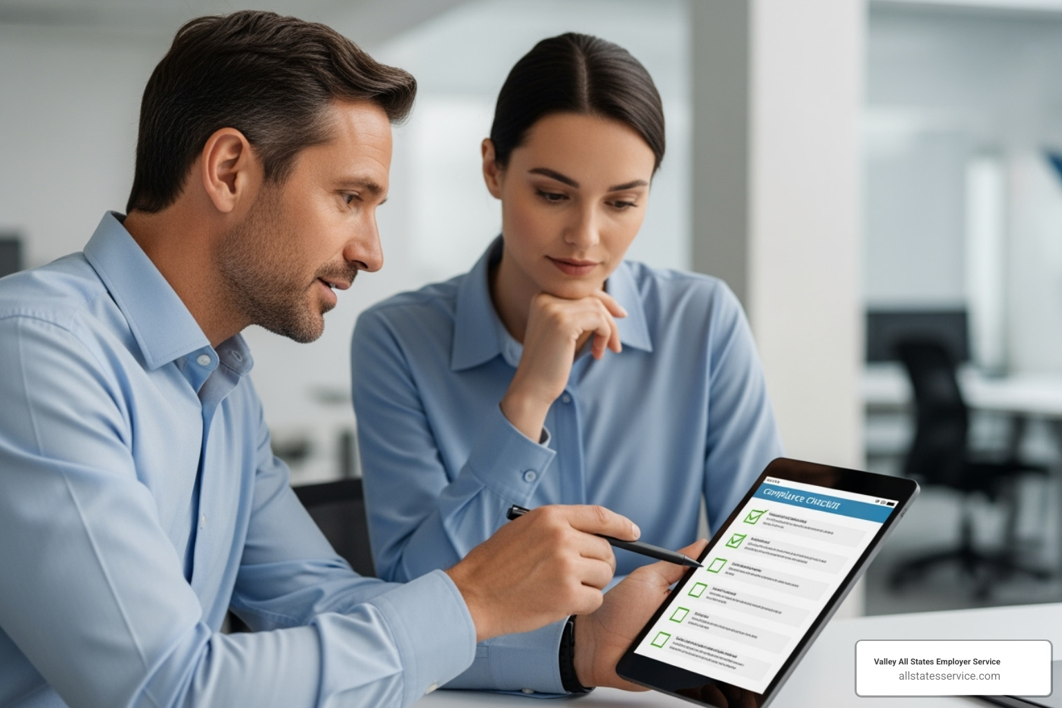 A manager and an employee reviewing a compliance checklist on a tablet, with a focused and collaborative expression - HR regulatory compliance A manager and an employee reviewing a compliance checklist on a tablet, with a focused and collaborative expression - HR regulatory compliance