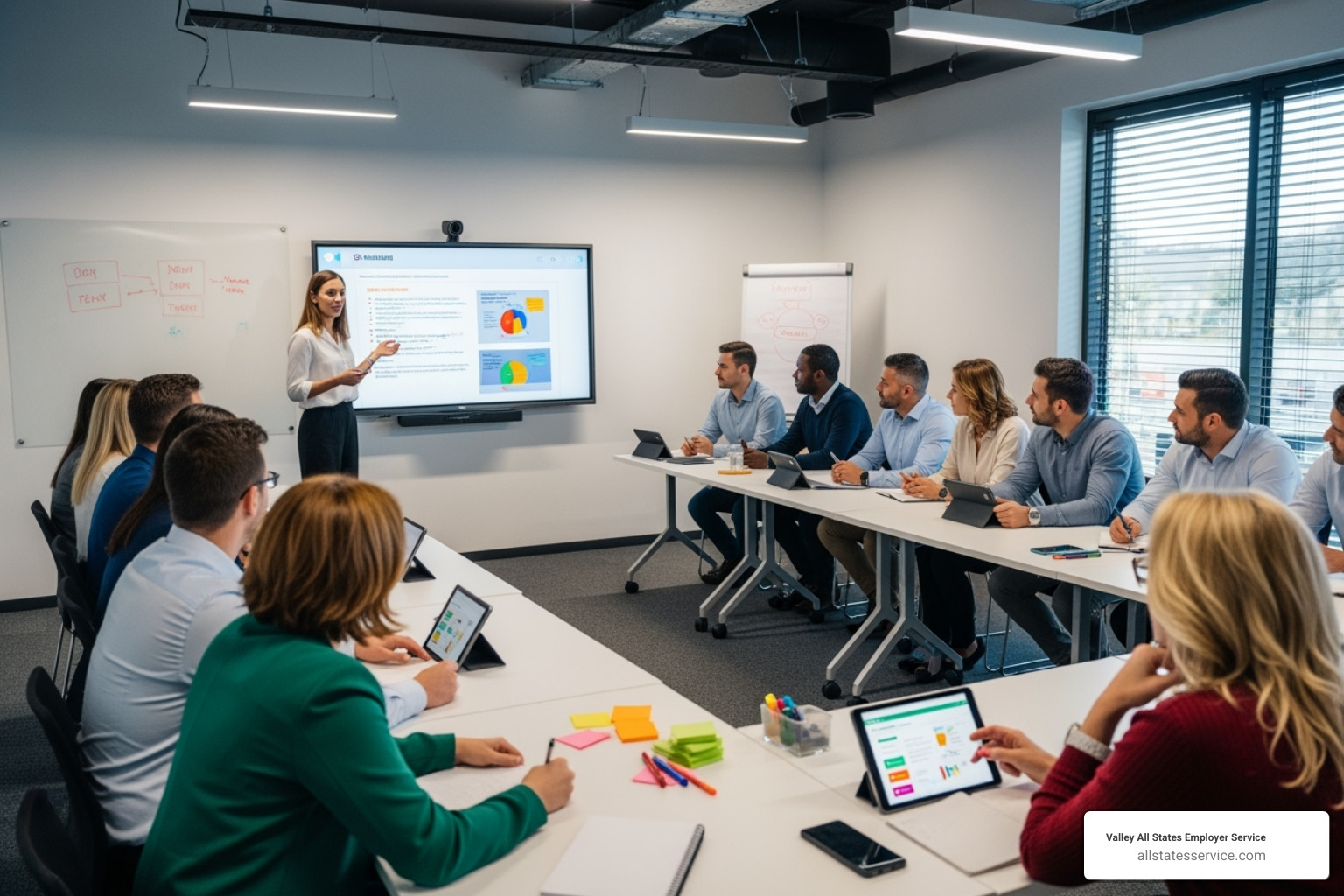 A diverse group of employees actively participating in an engaging training session, with a facilitator presenting on a screen and interactive elements visible - HR regulatory compliance A diverse group of employees actively participating in an engaging training session, with a facilitator presenting on a screen and interactive elements visible - HR regulatory compliance