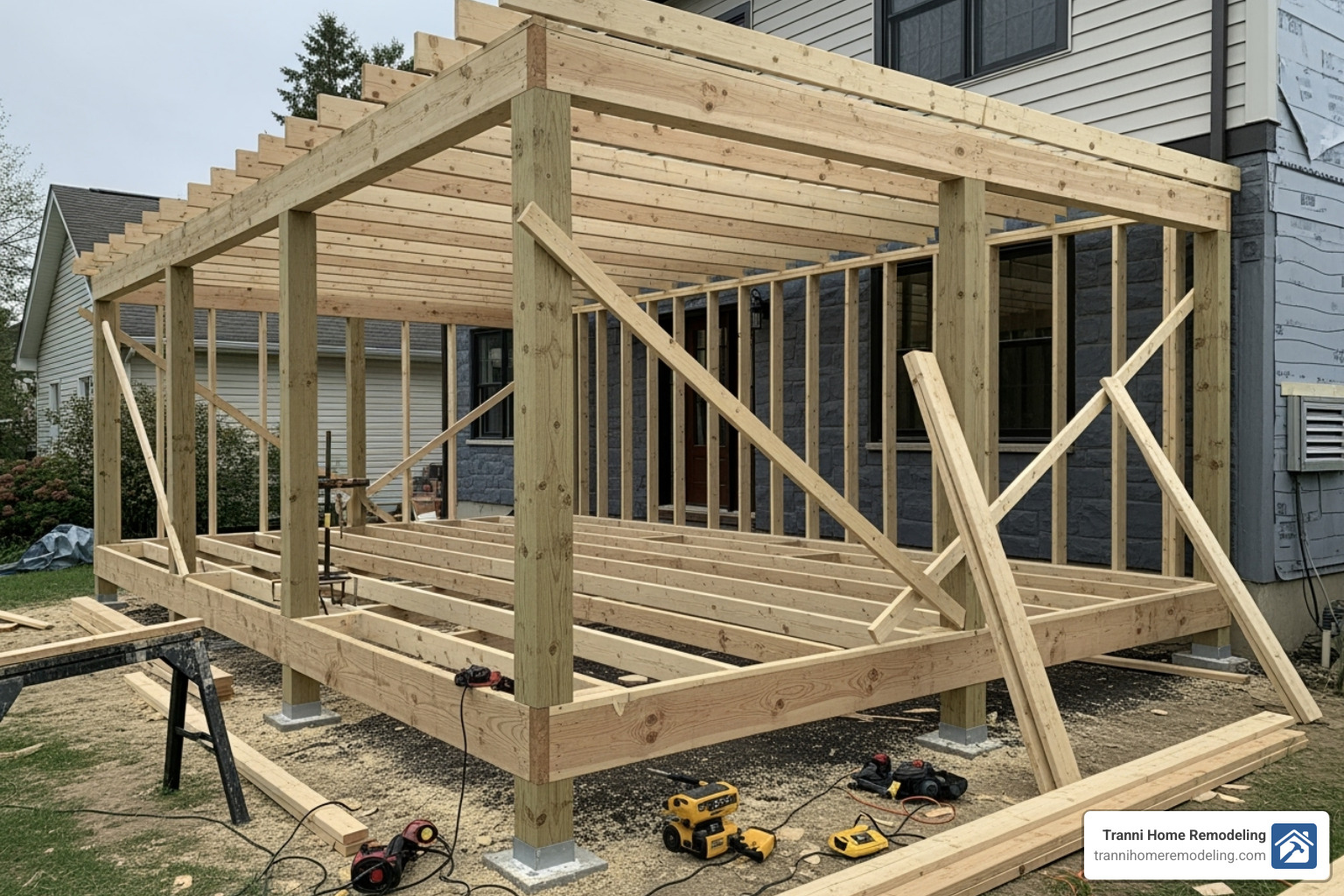 porch frame being constructed, showing the joists and support posts - back porch builders near me
