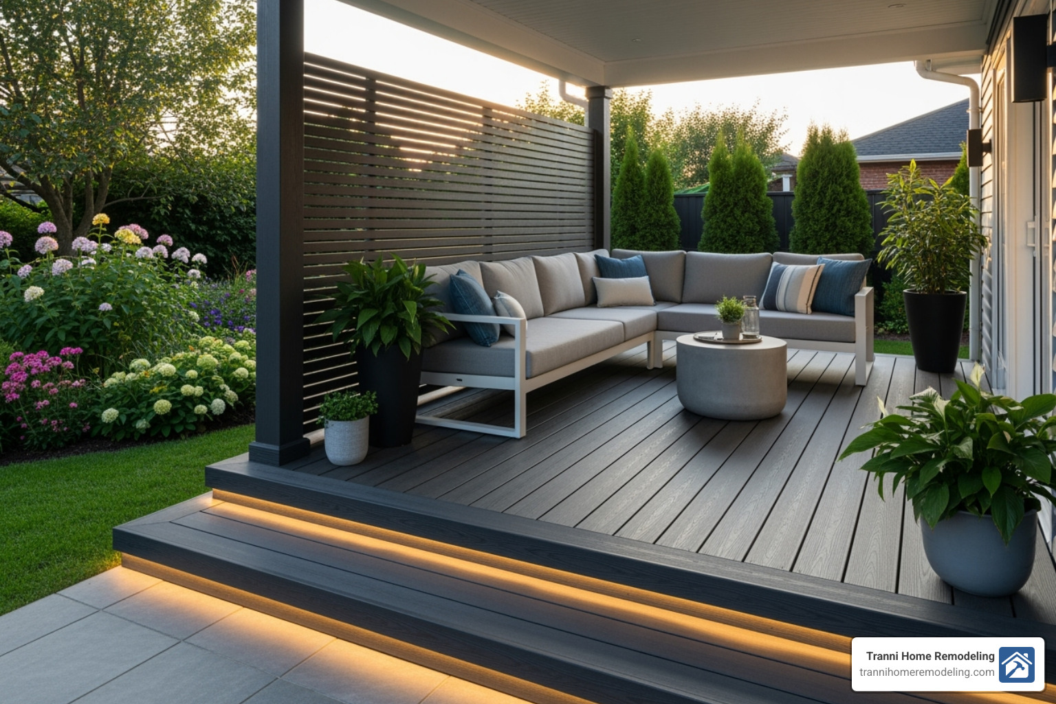 modern composite back porch with integrated lighting and a privacy screen - back porch builders near me