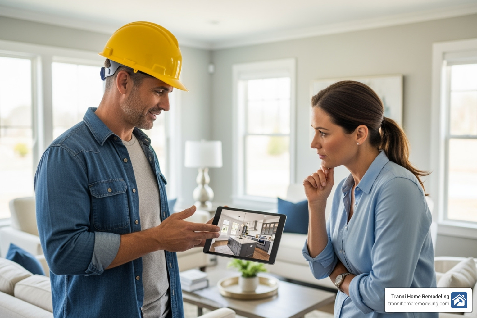 professional contractor showing a portfolio on a tablet to a homeowner - back porch builders near me