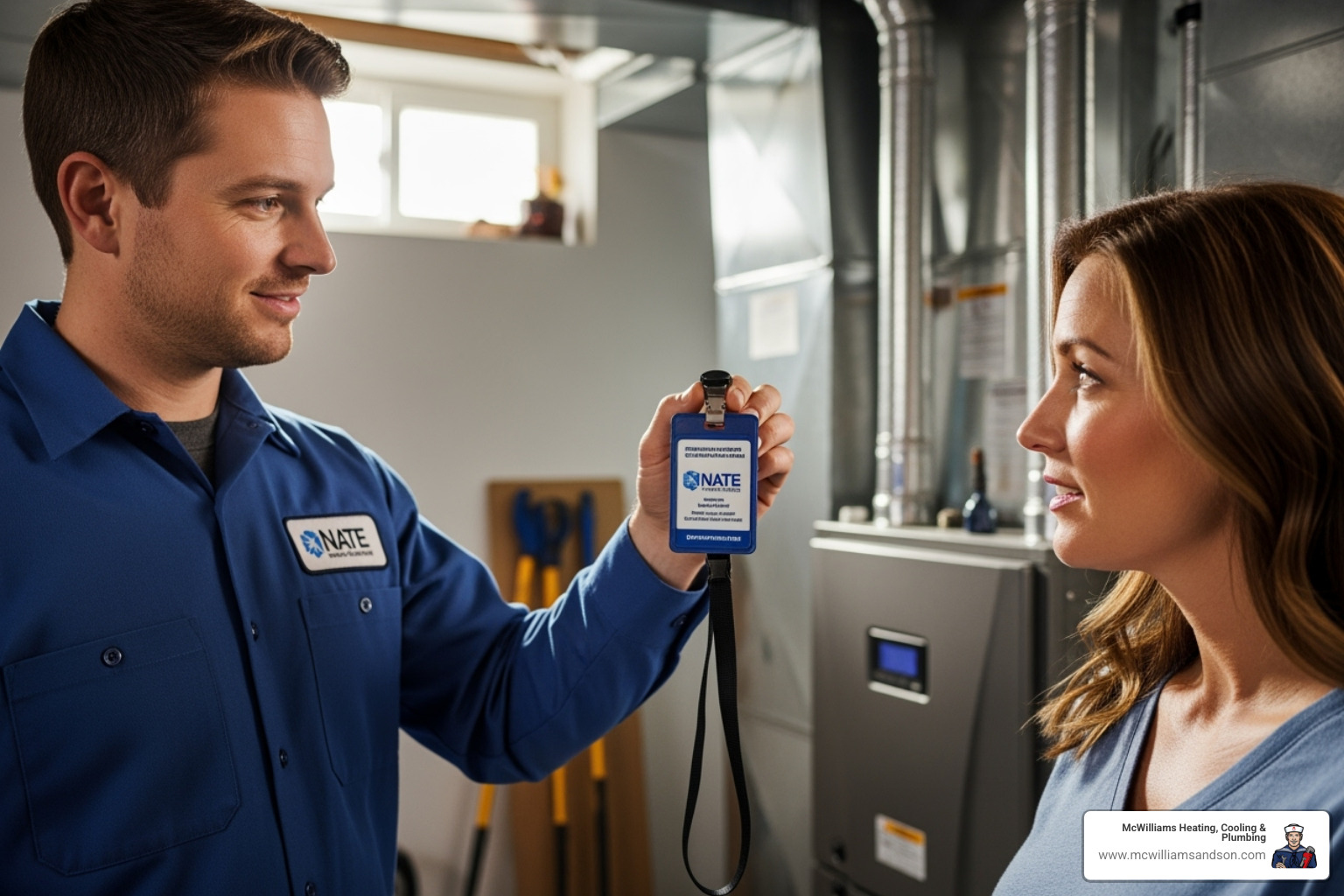 a technician showing a homeowner their NATE certification badge - Local HVAC experts a technician showing a homeowner their NATE certification badge - Local HVAC experts