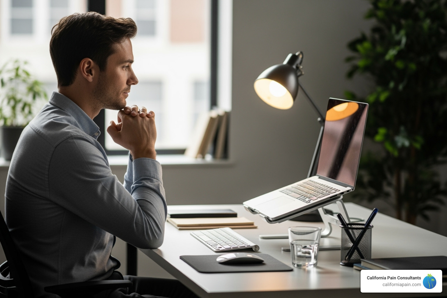 Person practicing good posture at a desk - back pain diagnosis Person practicing good posture at a desk - back pain diagnosis