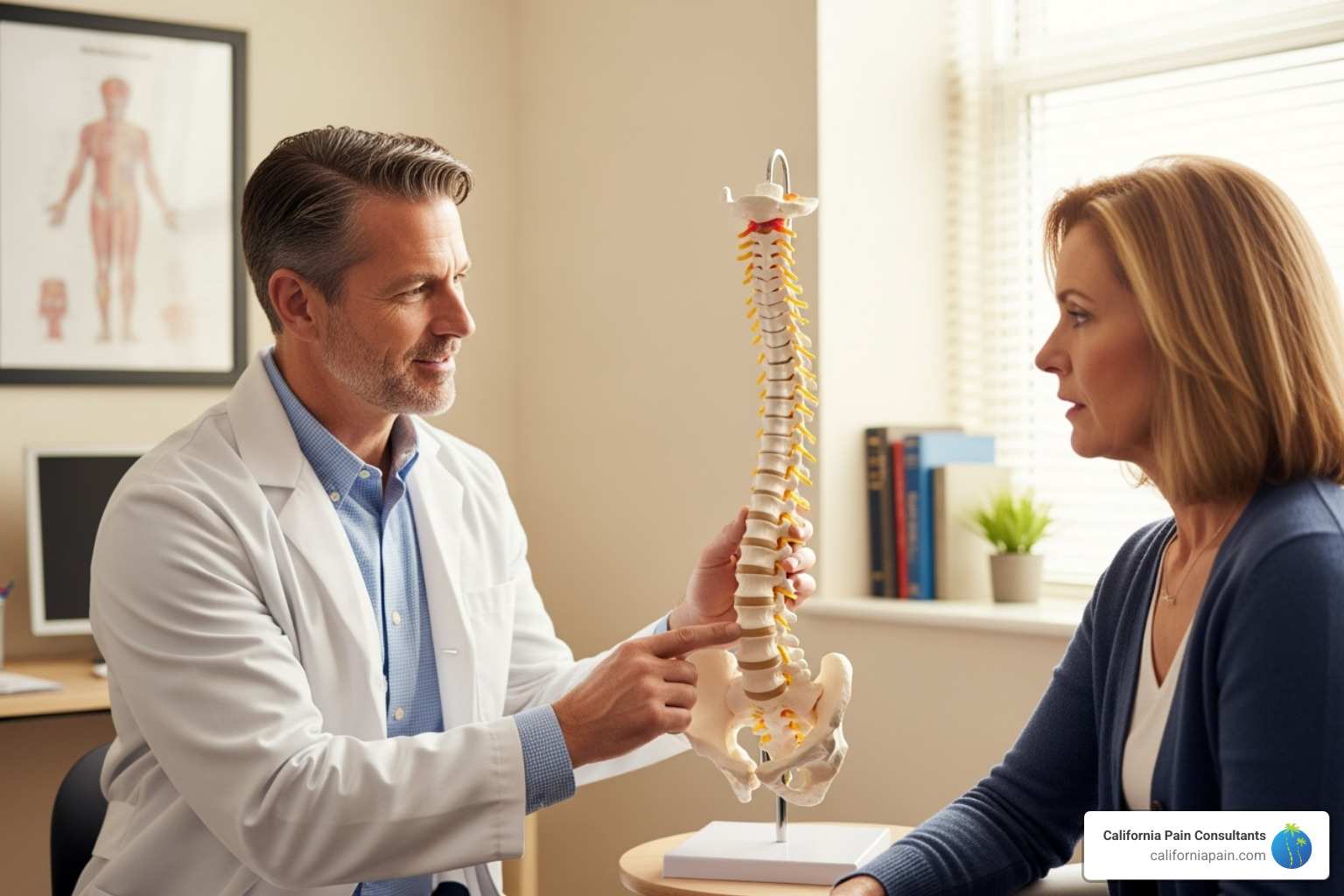 Doctor consulting with a patient about back pain - back pain diagnosis Doctor consulting with a patient about back pain - back pain diagnosis