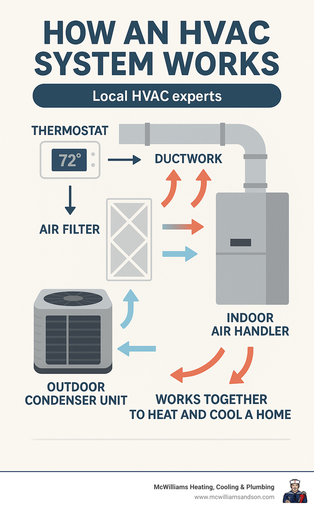 Infographic showing the key components of an HVAC system including the outdoor condenser unit, indoor air handler, ductwork, thermostat, and air filter, with arrows indicating airflow direction and labels explaining how each component works together to heat and cool a home - Local HVAC experts infographic Infographic showing the key components of an HVAC system including the outdoor condenser unit, indoor air handler, ductwork, thermostat, and air filter, with arrows indicating airflow direction and labels explaining how each component works together to heat and cool a home - Local HVAC experts infographic