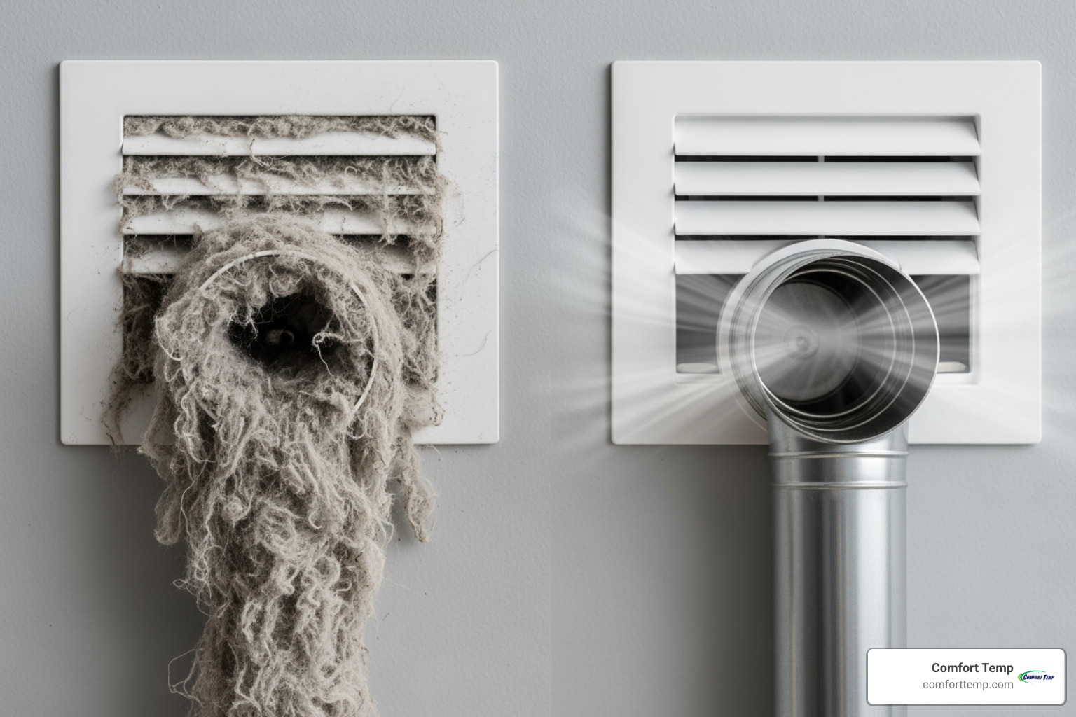 A dangerously clogged dryer vent next to a clean one, illustrating the significant difference in lint accumulation - best duct cleaning service A dangerously clogged dryer vent next to a clean one, illustrating the significant difference in lint accumulation - best duct cleaning service