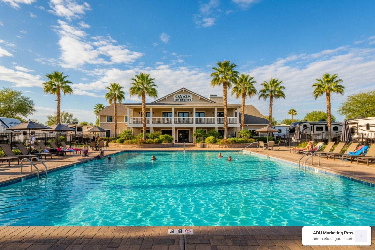 Sunny RV park community pool and clubhouse area - RV park tiny homes