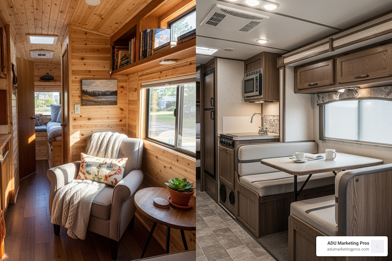 Cozy, wood-paneled tiny home interior contrasted with a standard, functional RV interior - RV park tiny homes