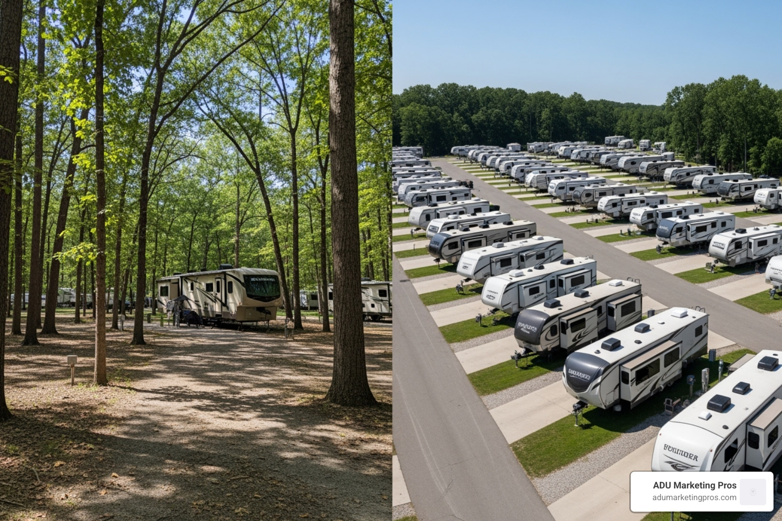 Two different RV park lots, one spacious and wooded, the other more compact and uniform, to illustrate variety - RV park tiny homes