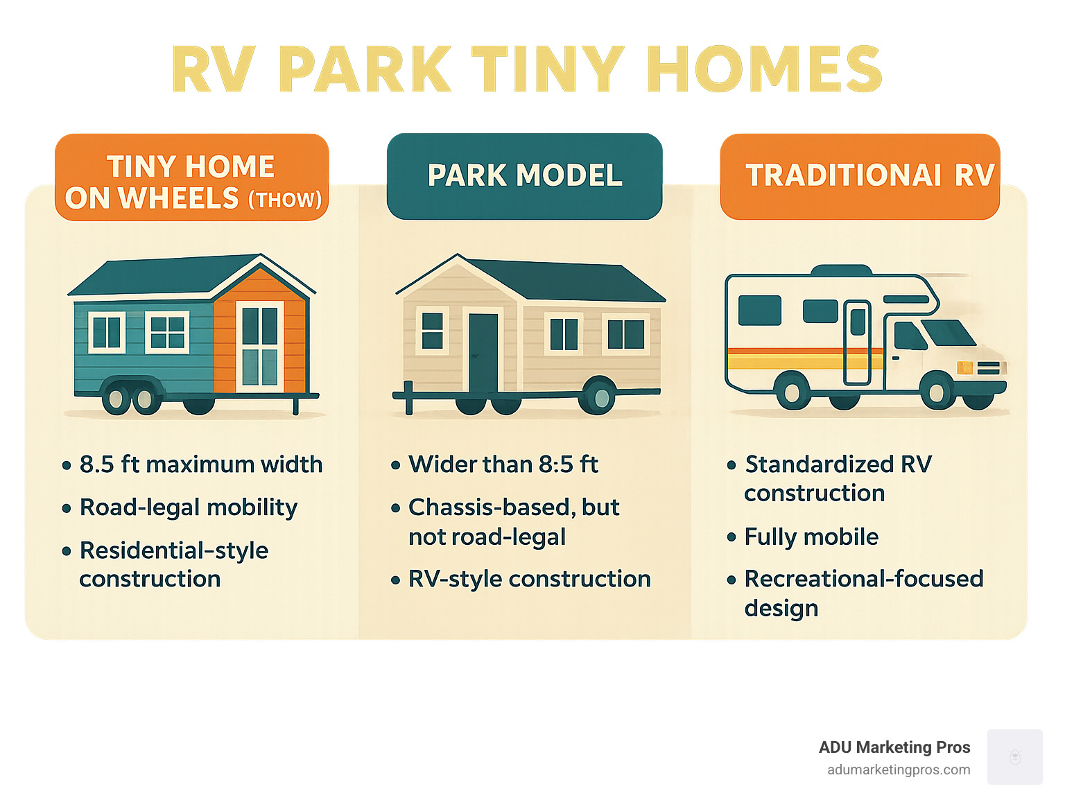 Infographic comparing Tiny Home on Wheels (THOW) with 8.5 ft maximum width, road-legal mobility, and residential-style construction versus Park Model with wider than 8.5 ft, chassis-based but not road-legal, and RV-style construction versus Traditional RV with standardized RV construction, fully mobile, and recreational-focused design - RV park tiny homes infographic 