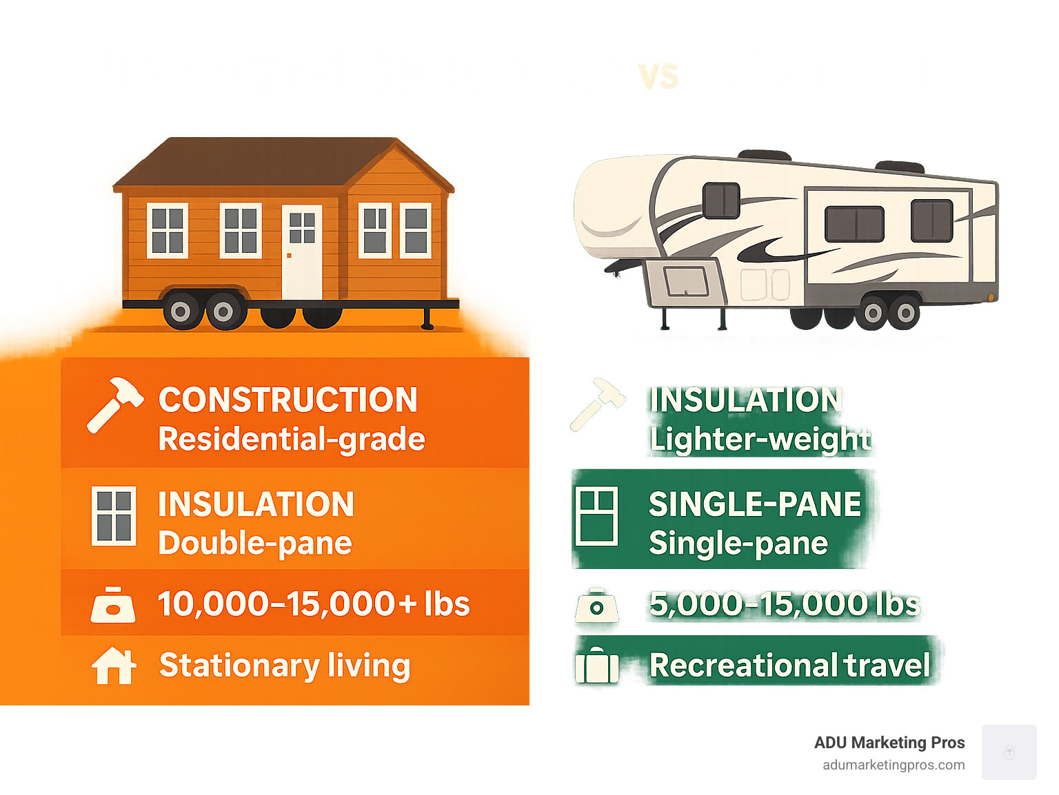 Infographic comparing a Tiny Home on Wheels (THOW) and a traditional Fifth-Wheel RV on key features - RV park tiny homes infographic 