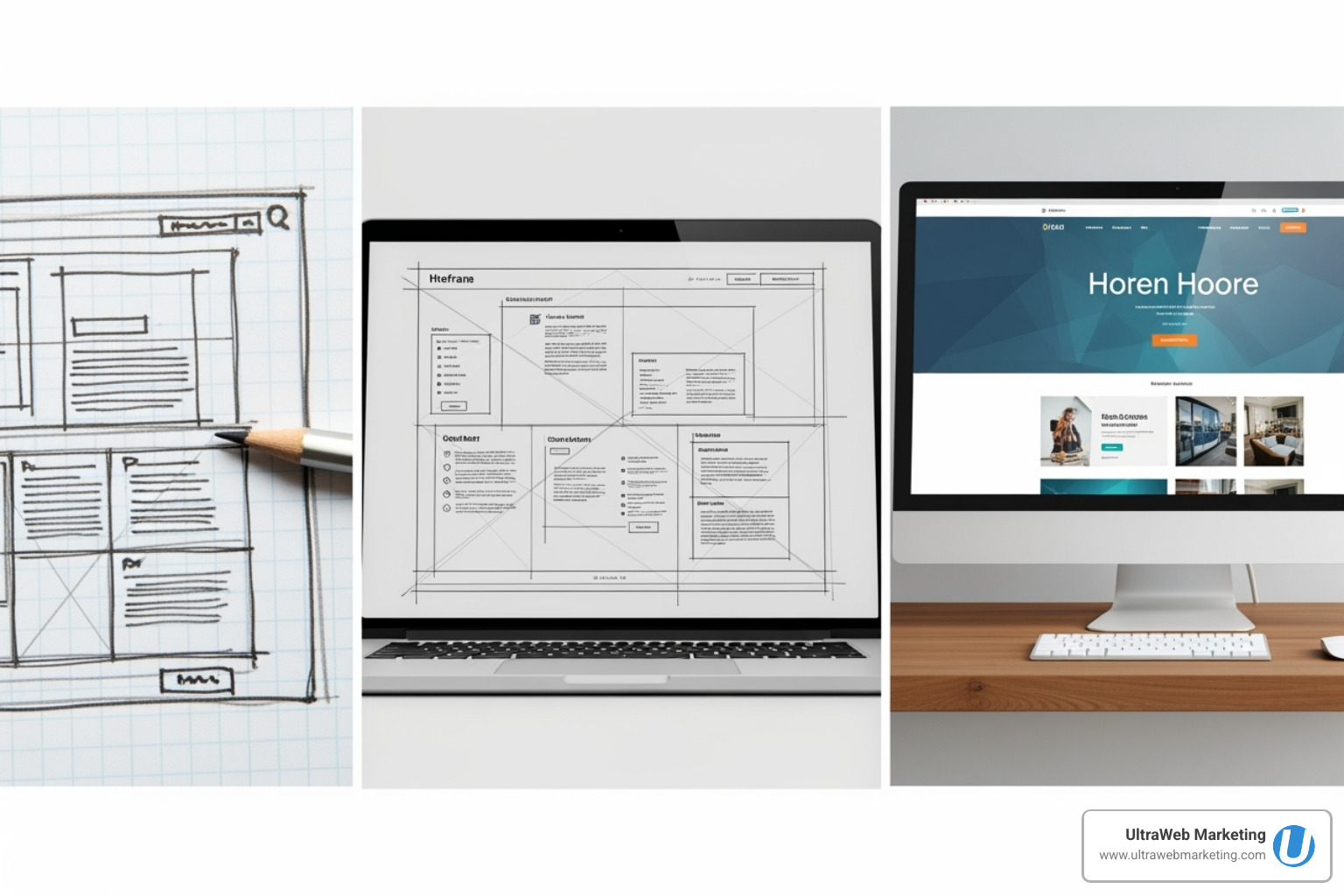 Wireframe sketch evolving into a polished, final website design by UltraWeb Marketing - Website design for businesses
