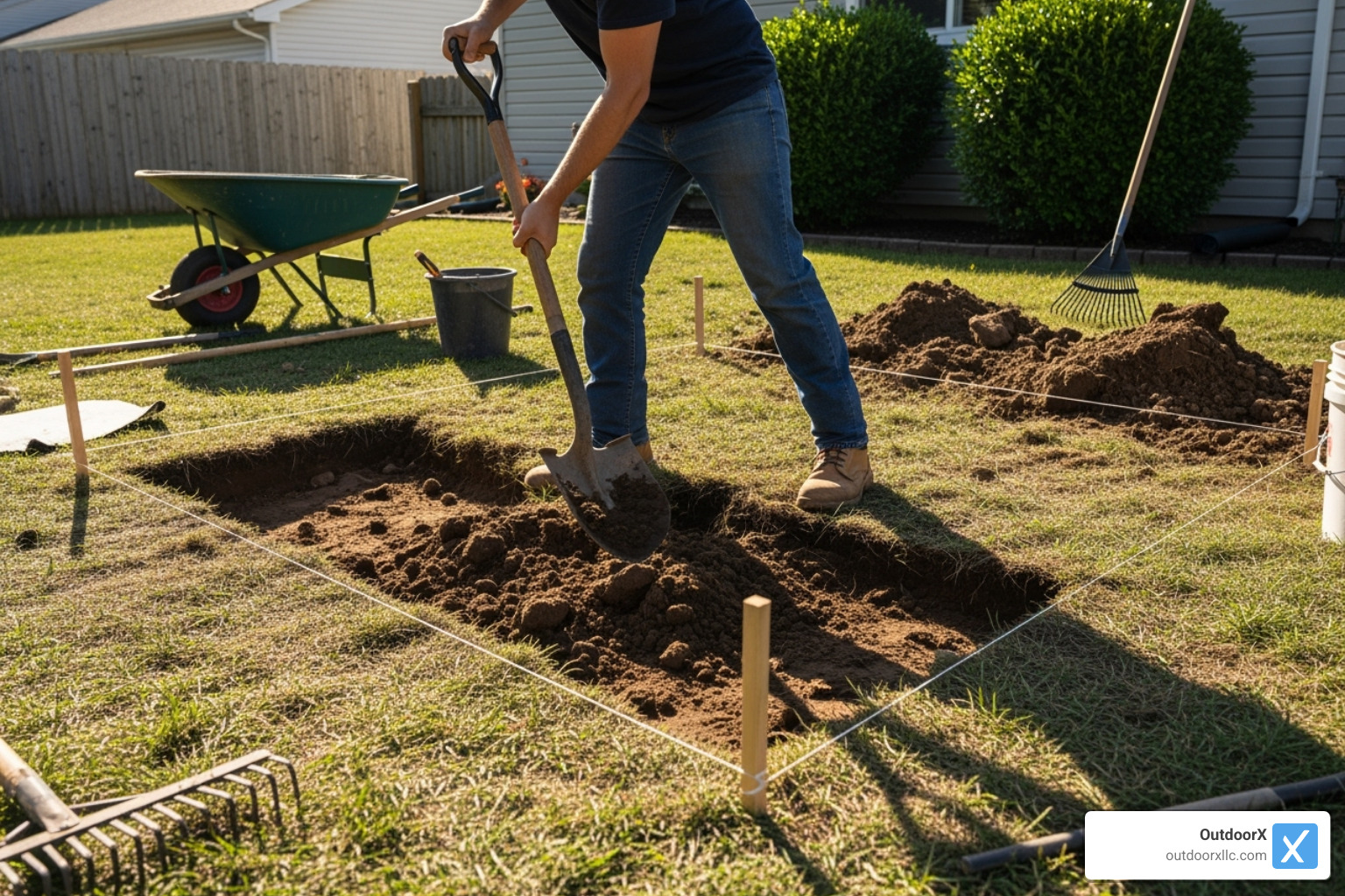 person excavating the patio area with stakes and string lines visible. - building a stone patio