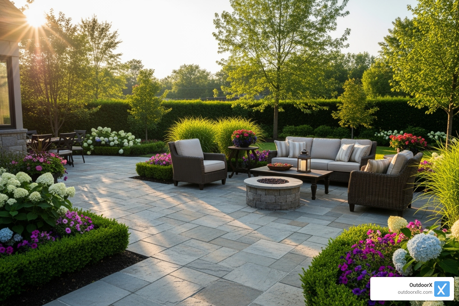 stunning, professionally installed stone patio in a landscaped backyard. - building a stone patio