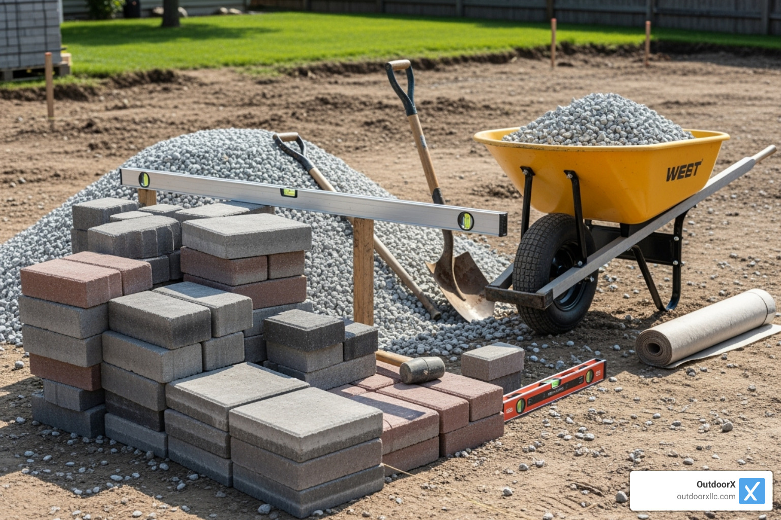 various tools and materials laid out, such as pavers, gravel, a wheelbarrow, and levels. - building a stone patio