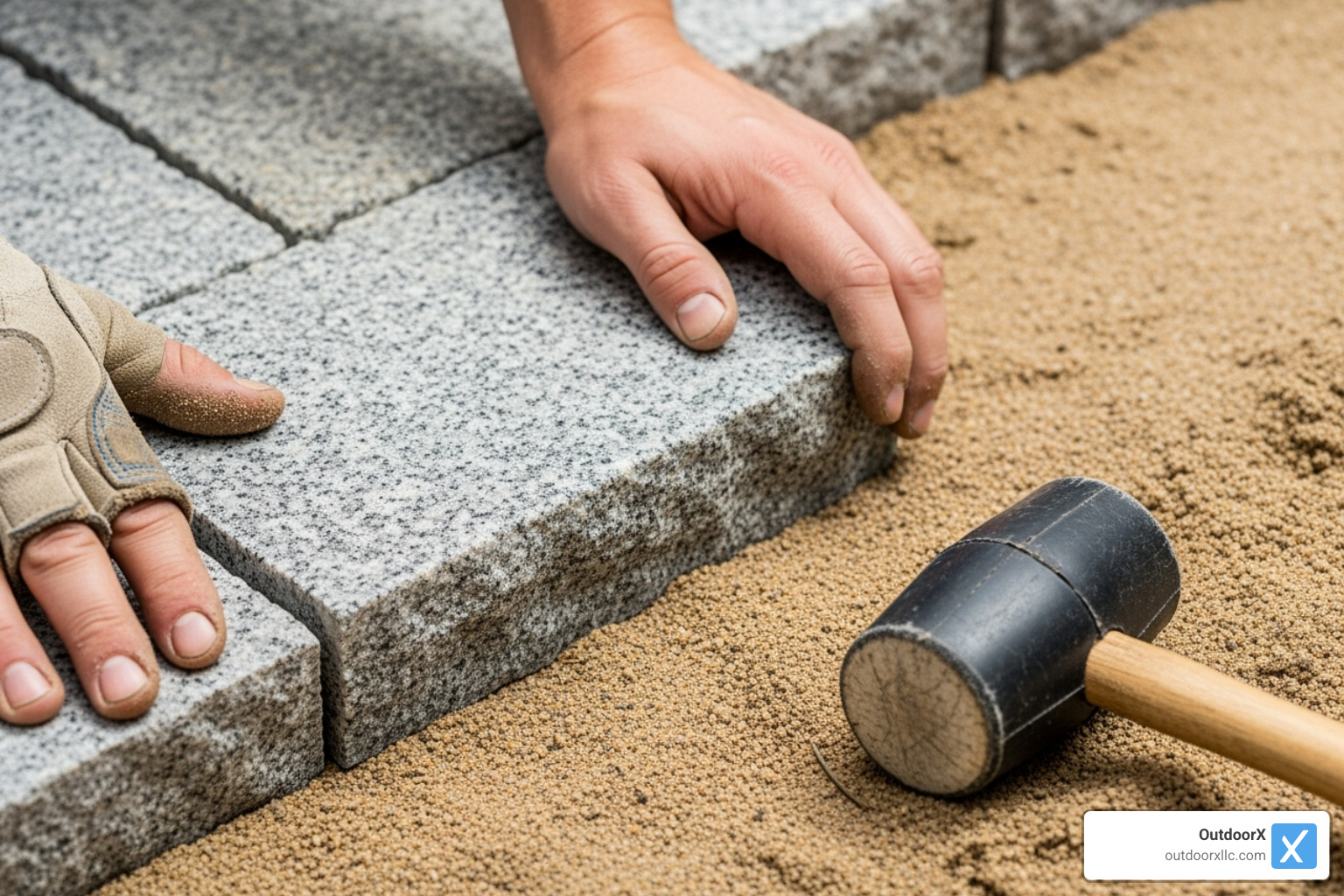 hands placing a stone paver into the sand bed, with a rubber mallet nearby. - building a stone patio