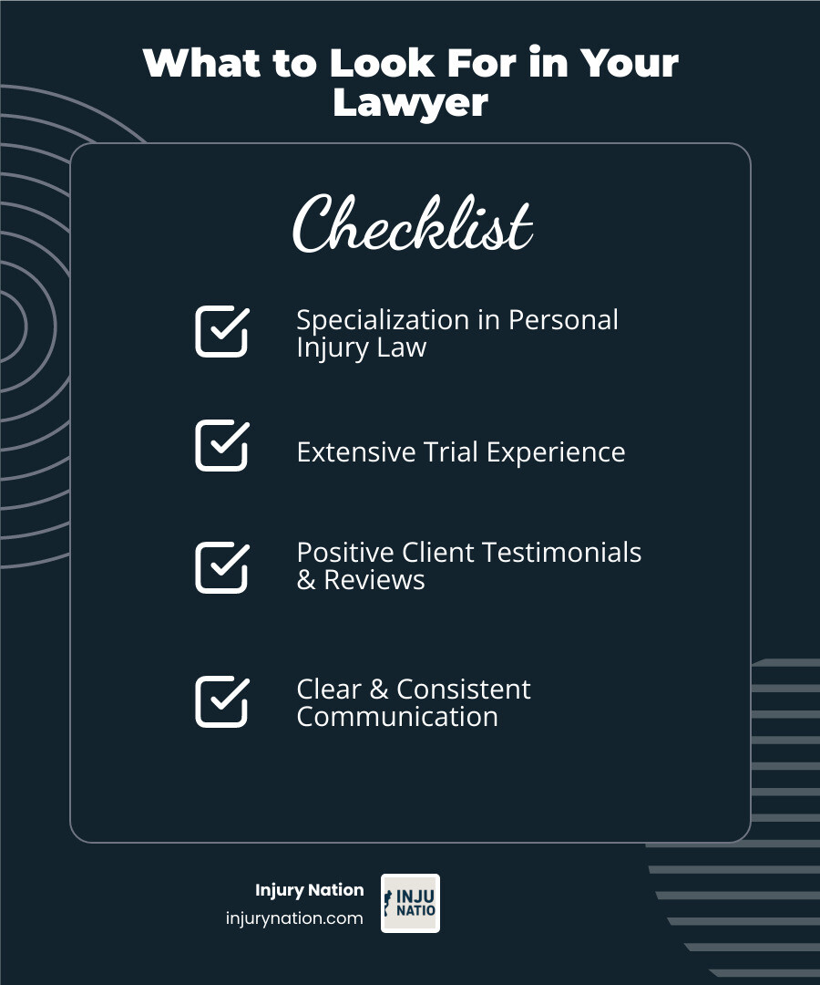 Infographic showing key qualities to look for in a vehicle injury lawyer: Specialization, Trial Experience, Positive Reviews, Clear Communication, Compassion, and Resources - vehicle injury lawyer infographic checklist-dark-blue Infographic showing key qualities to look for in a vehicle injury lawyer: Specialization, Trial Experience, Positive Reviews, Clear Communication, Compassion, and Resources - vehicle injury lawyer infographic checklist-dark-blue