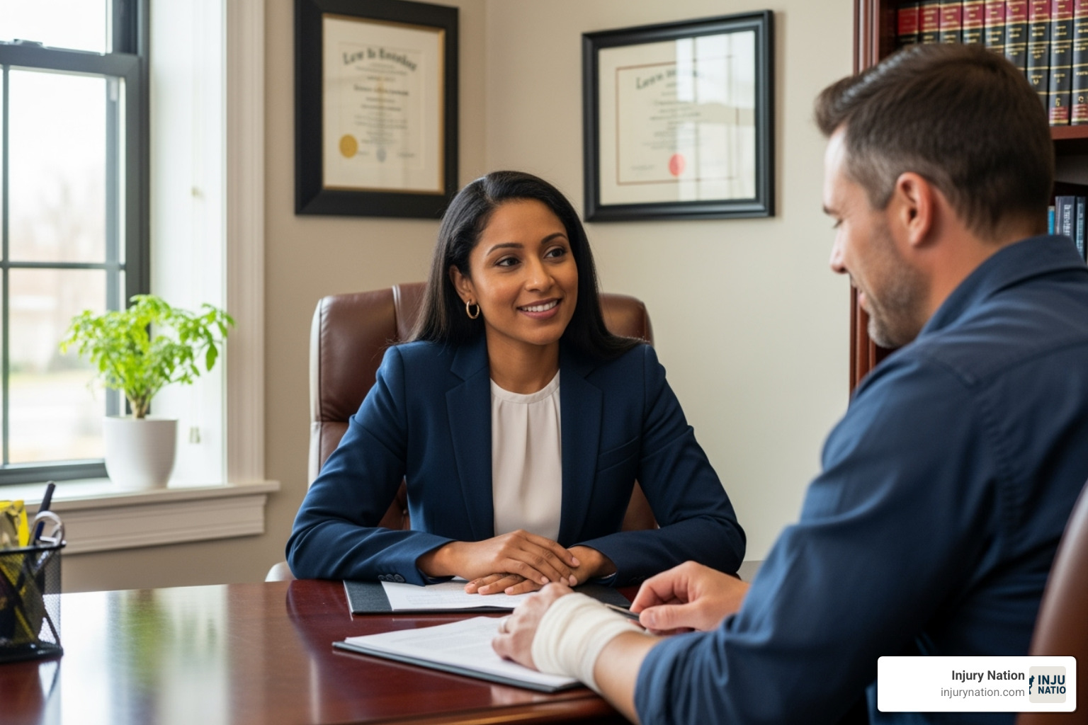Lawyer compassionately consulting with an injured client - vehicle injury lawyer Lawyer compassionately consulting with an injured client - vehicle injury lawyer