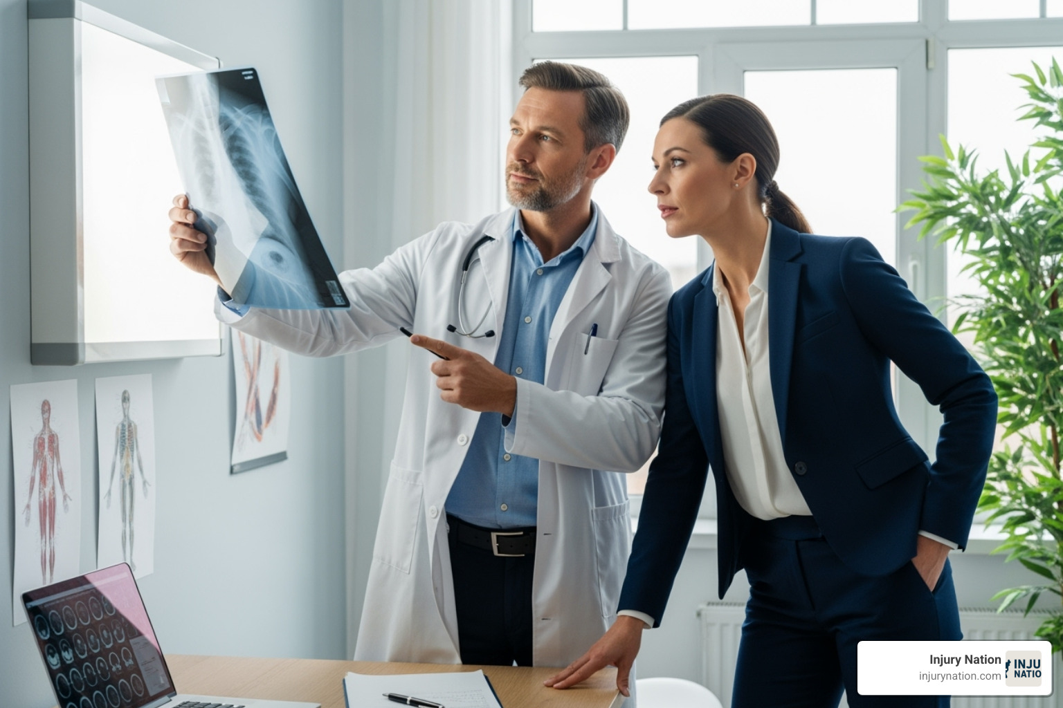 Medical expert reviewing an X-ray with a lawyer - vehicle injury lawyer Medical expert reviewing an X-ray with a lawyer - vehicle injury lawyer