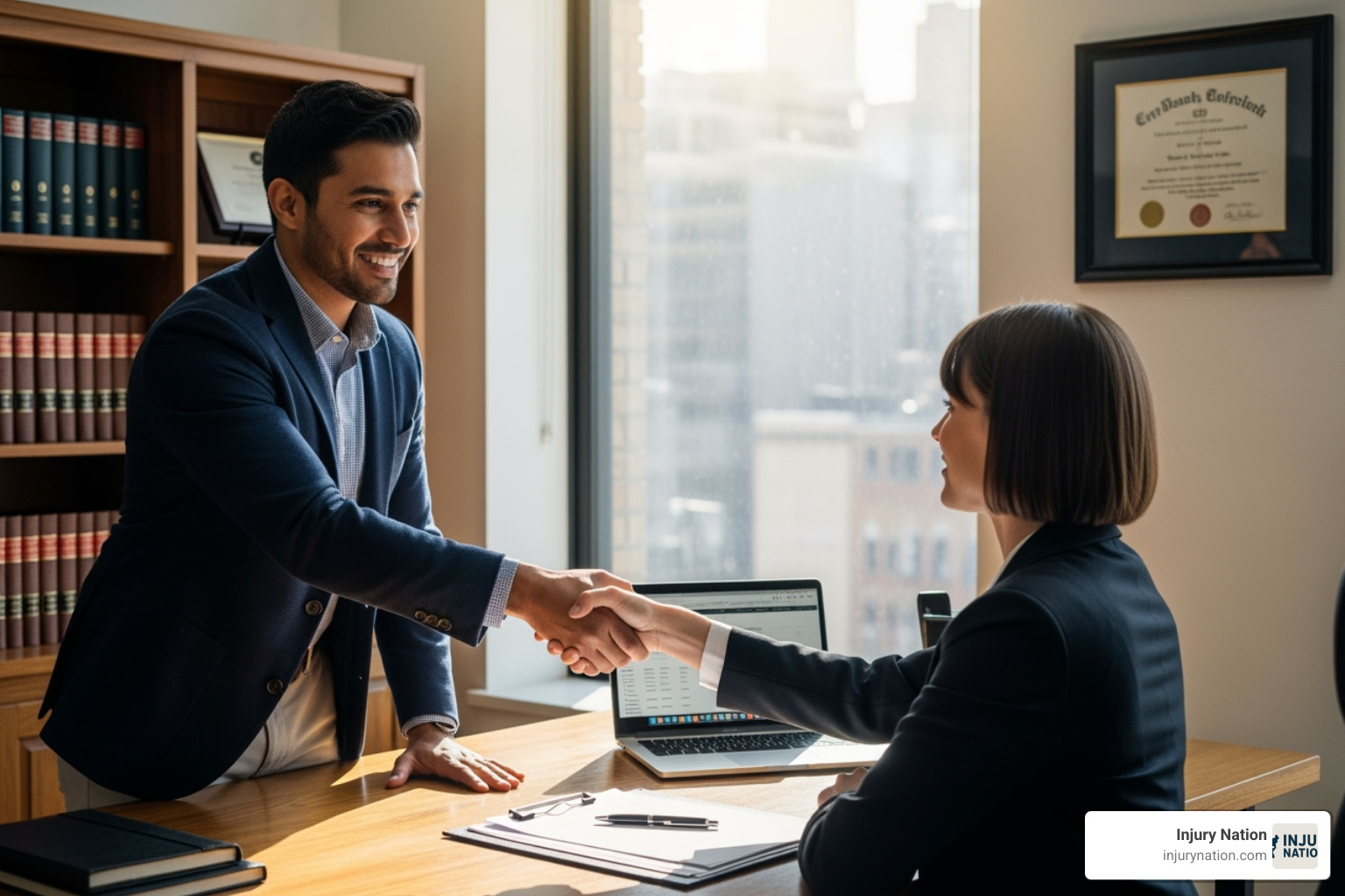 Person confidently shaking hands with a lawyer in an office - vehicle injury lawyer Person confidently shaking hands with a lawyer in an office - vehicle injury lawyer