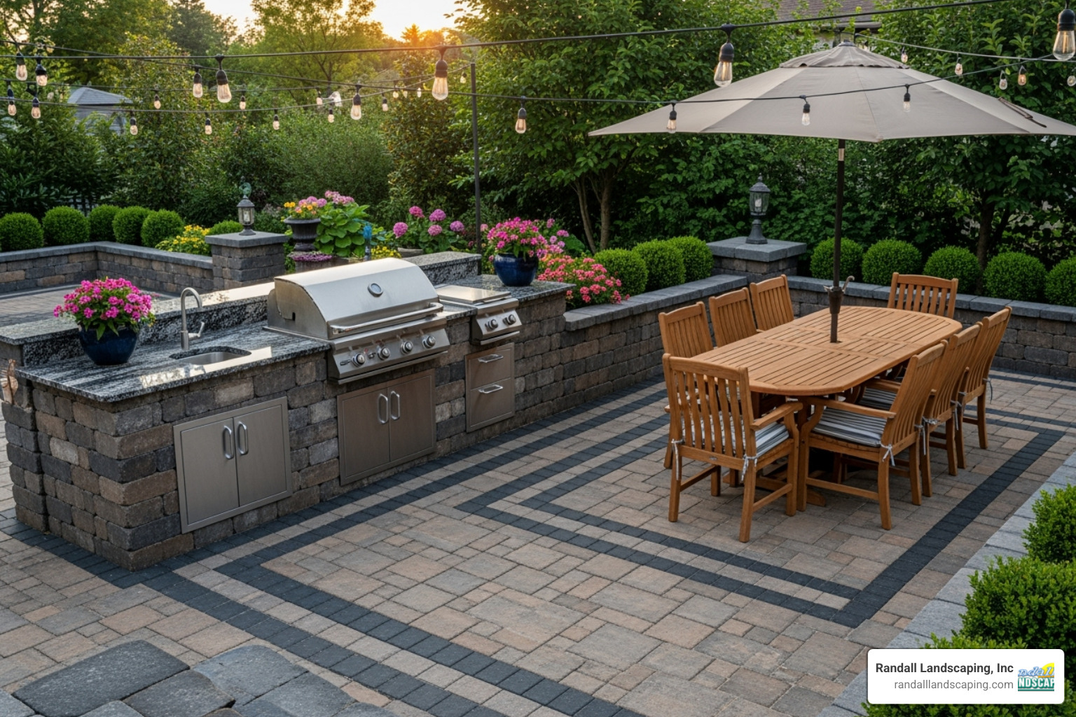 A custom paver patio with a built-in grill station and dining table. - backyard landscape design