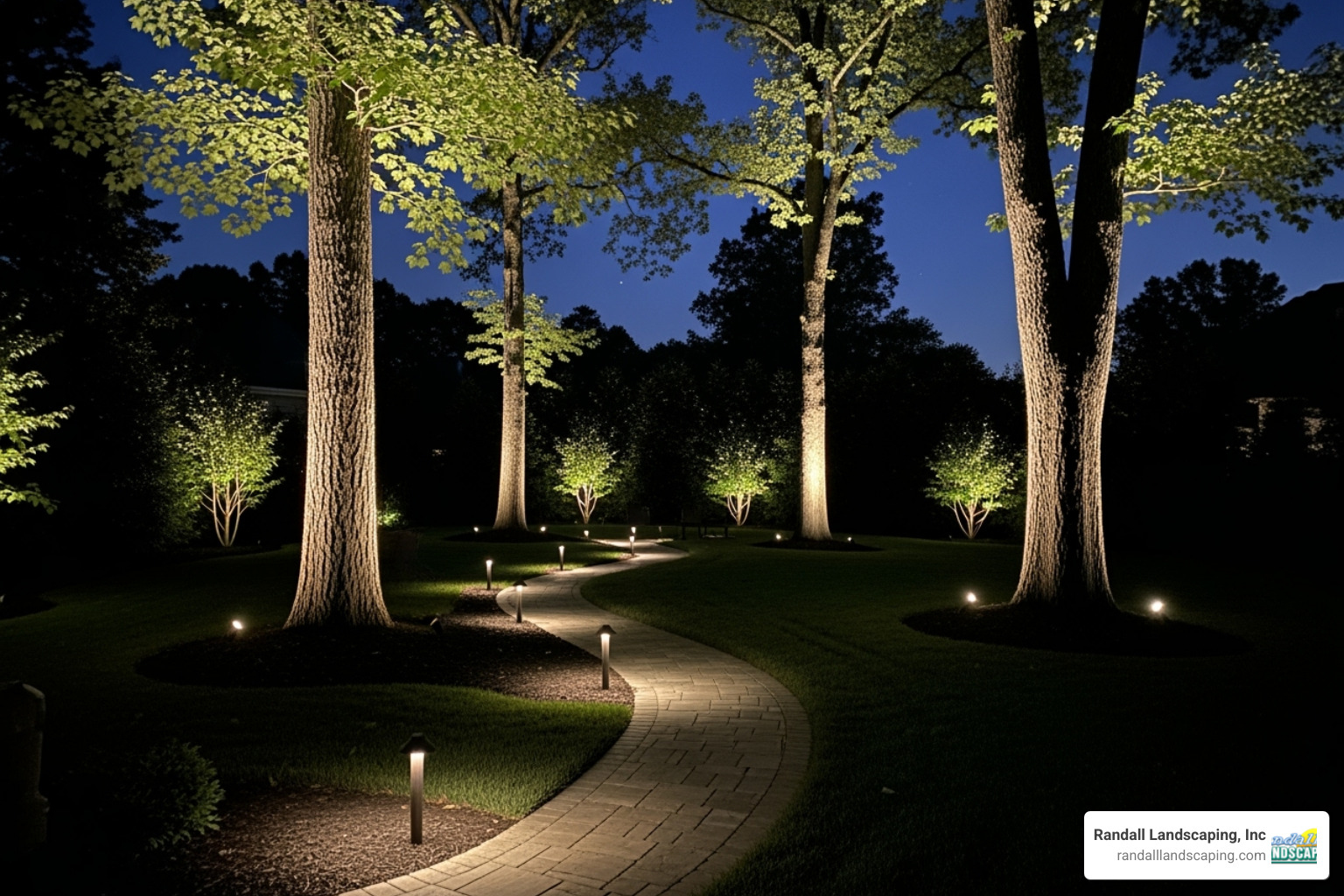 A backyard with strategic uplighting on trees and path lighting. - backyard landscape design
