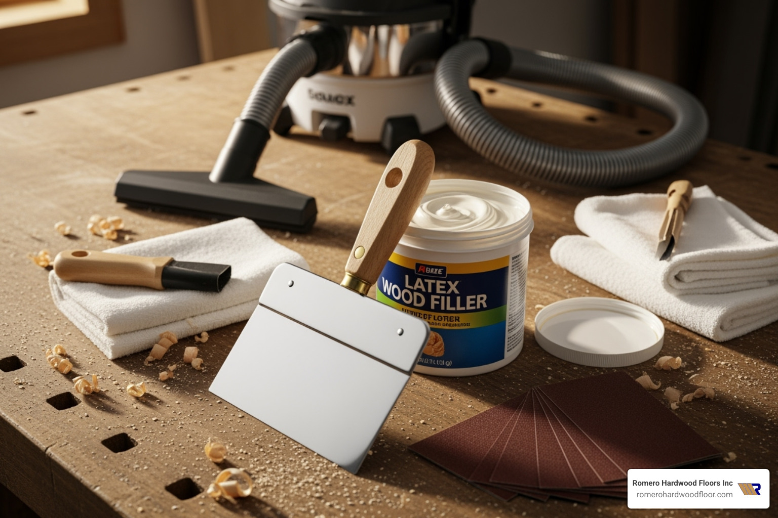 tools needed for application: putty knife, sandpaper, shop vac, latex filler, clean cloths - latex wood floor filler