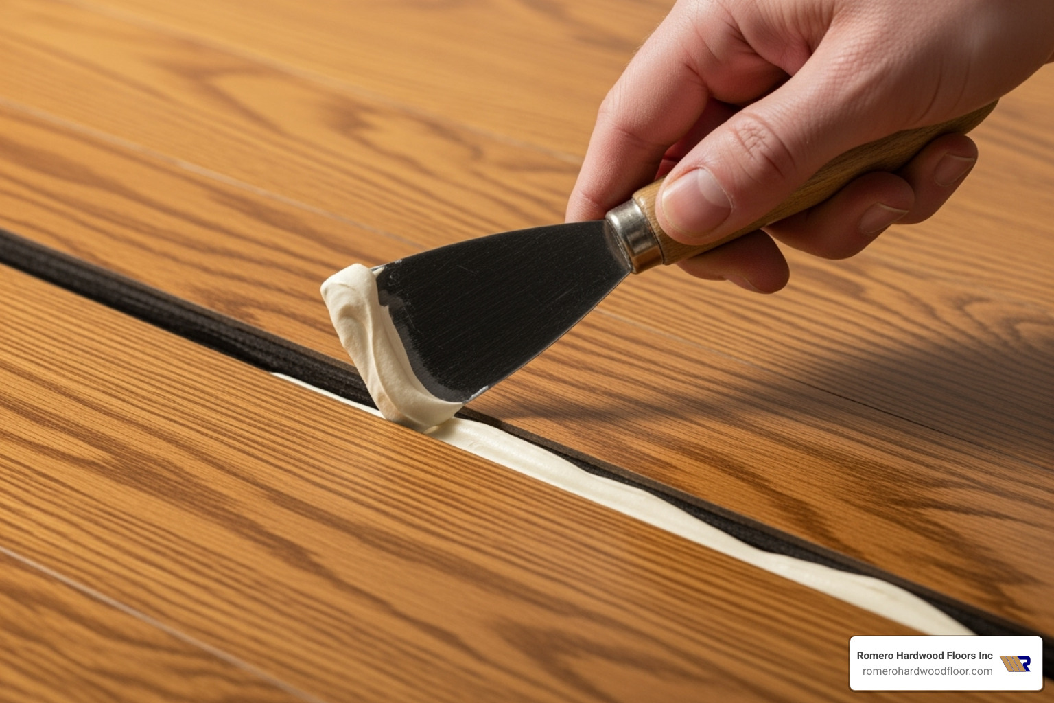 a hand applying latex wood filler into a floor gap with a putty knife - latex wood floor filler