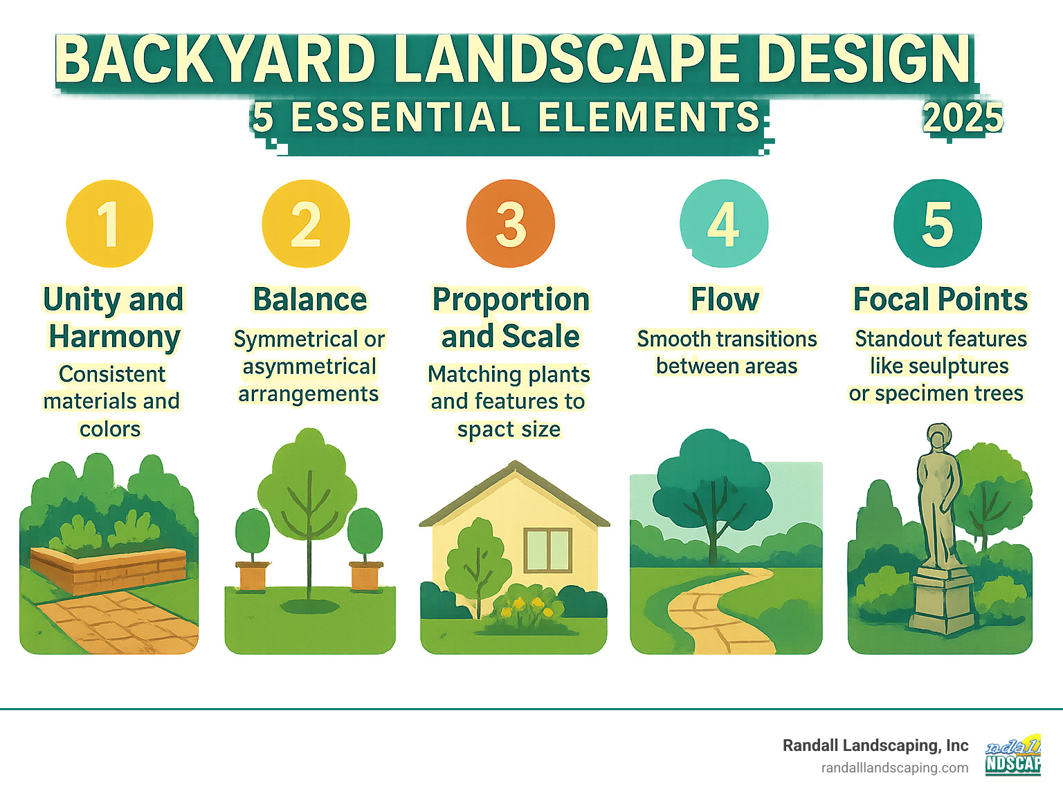 Infographic showing the 5 essential elements of backyard landscape design: Unity and harmony through consistent materials and colors, Balance using symmetrical or asymmetrical arrangements, Proportion and scale matching plants and features to space size, Flow creating smooth transitions between areas, and Focal points drawing the eye with standout features like sculptures or specimen trees - backyard landscape design infographic 