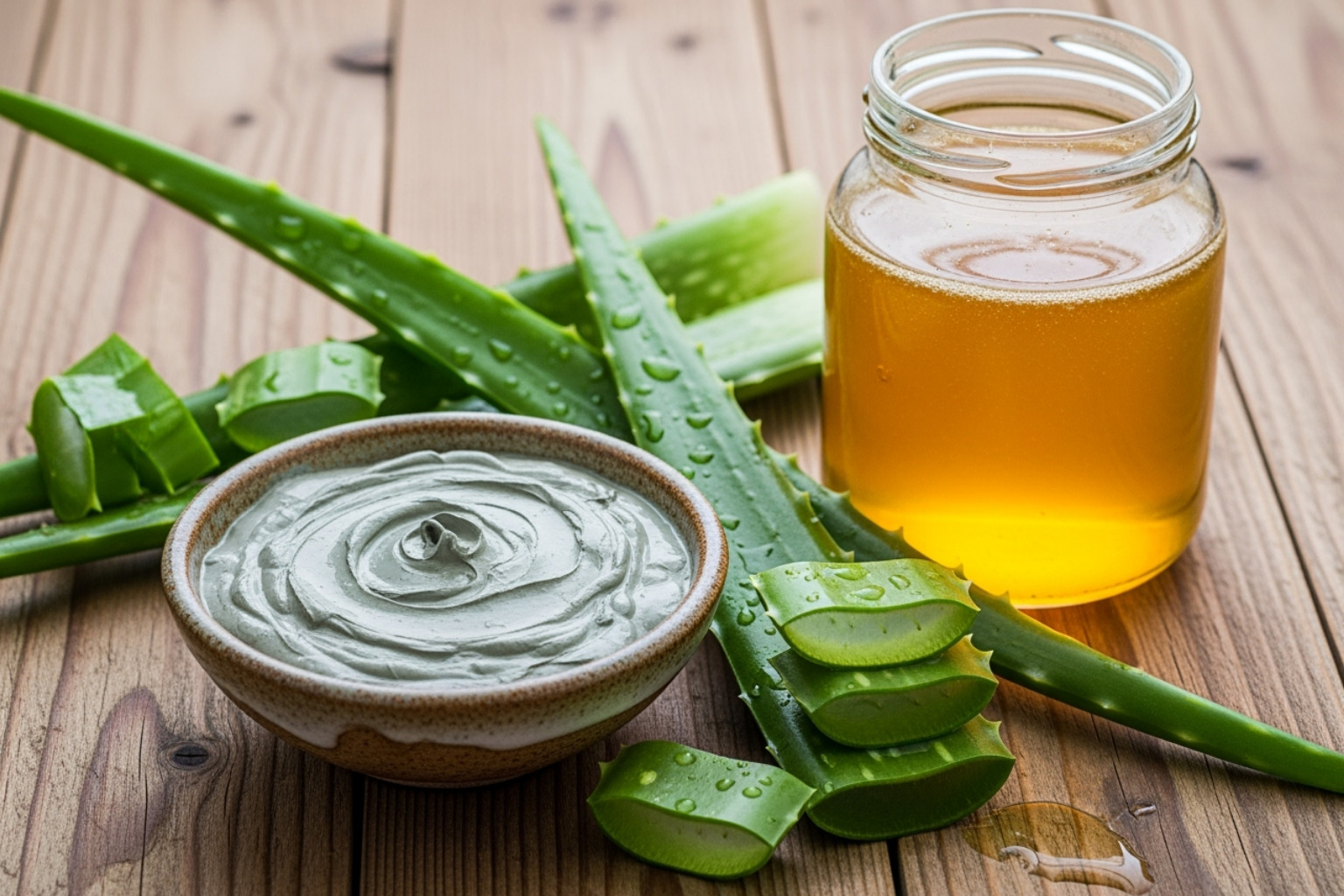 natural ingredients like a clay mask bowl, aloe vera, and honey - how to minimize pores on nose naturally