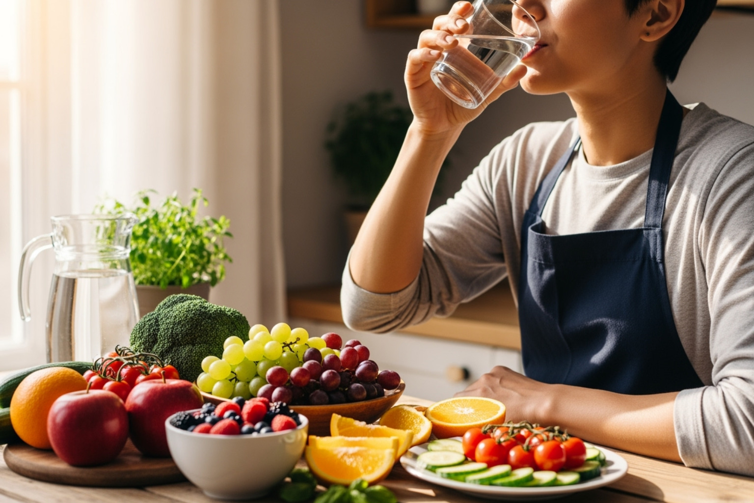healthy foods and a person drinking water - how to minimize pores on nose naturally