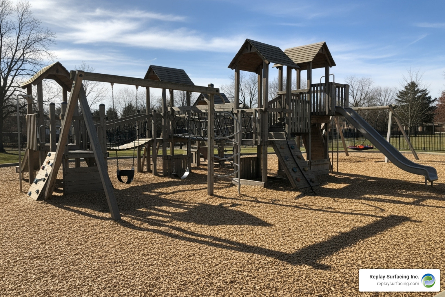 traditional playground with wood chips - best playground ground cover Charlotte