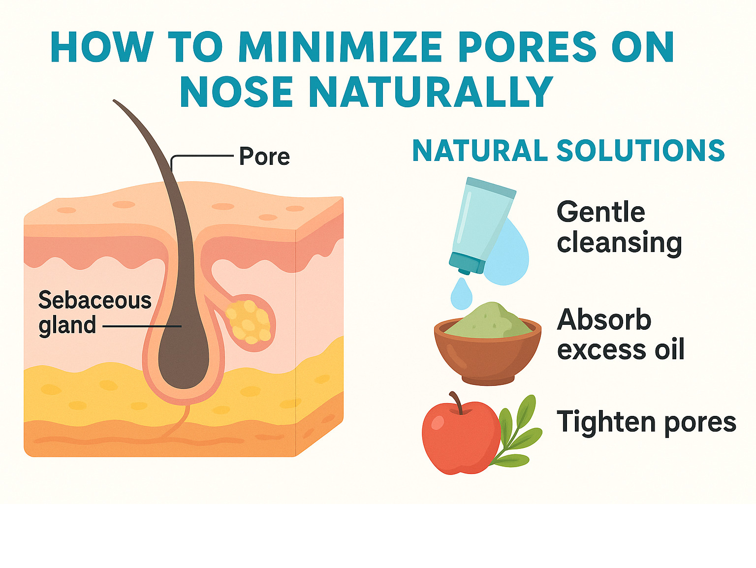 Detailed infographic showing pore structure, sebaceous glands, and natural ingredients that help minimize pore appearance through gentle cleansing and oil absorption - how to minimize pores on nose naturally infographic 