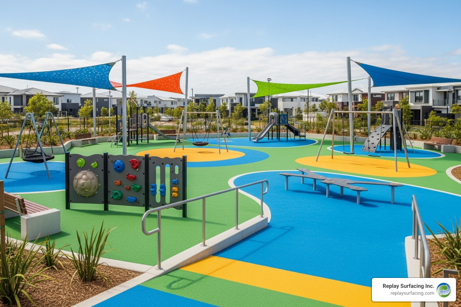 modern, accessible playground with a poured rubber surface - best playground ground cover Charlotte