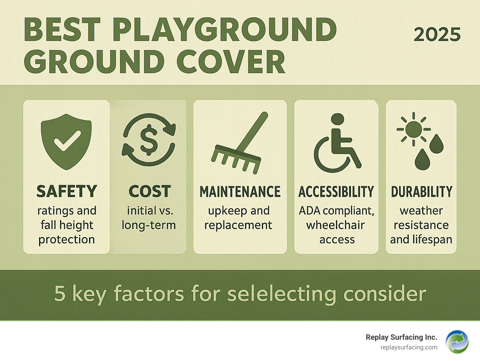 Infographic showing the 5 key factors for choosing playground ground cover: Safety ratings and fall height protection, Cost comparison between initial investment and long-term maintenance, Maintenance requirements from daily upkeep to annual replacement, Accessibility features including ADA compliance and wheelchair access, and Durability factors like weather resistance and lifespan - best playground ground cover Charlotte infographic 