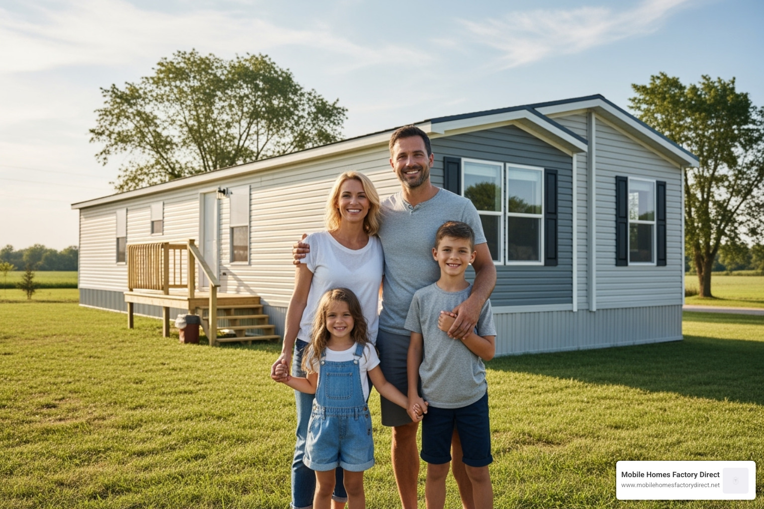 happy family in front of their newly purchased mobile home - bank repo trailers for sale
