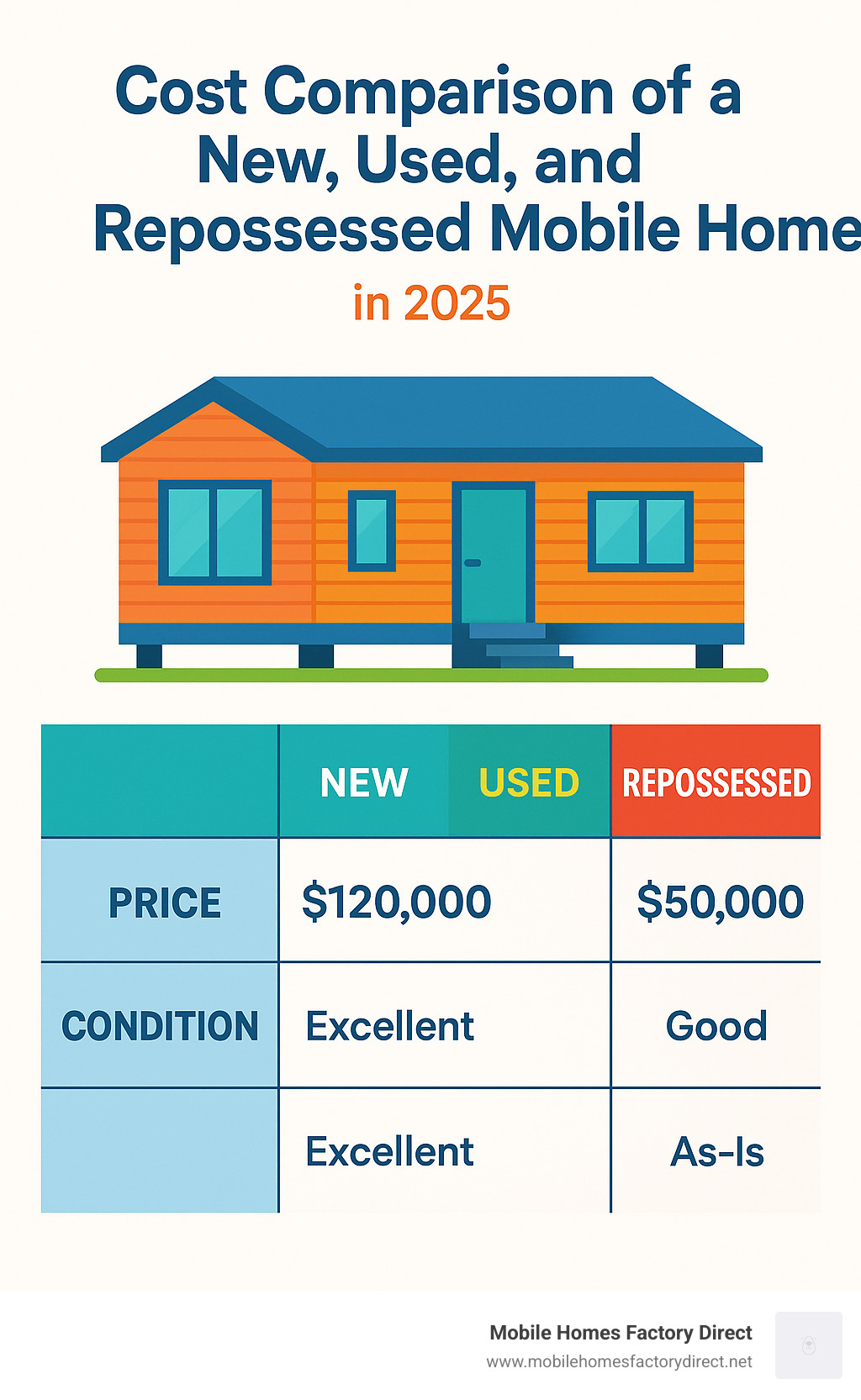 Table comparing the costs of a new, used, and repossessed mobile home - bank repo trailers for sale infographic 