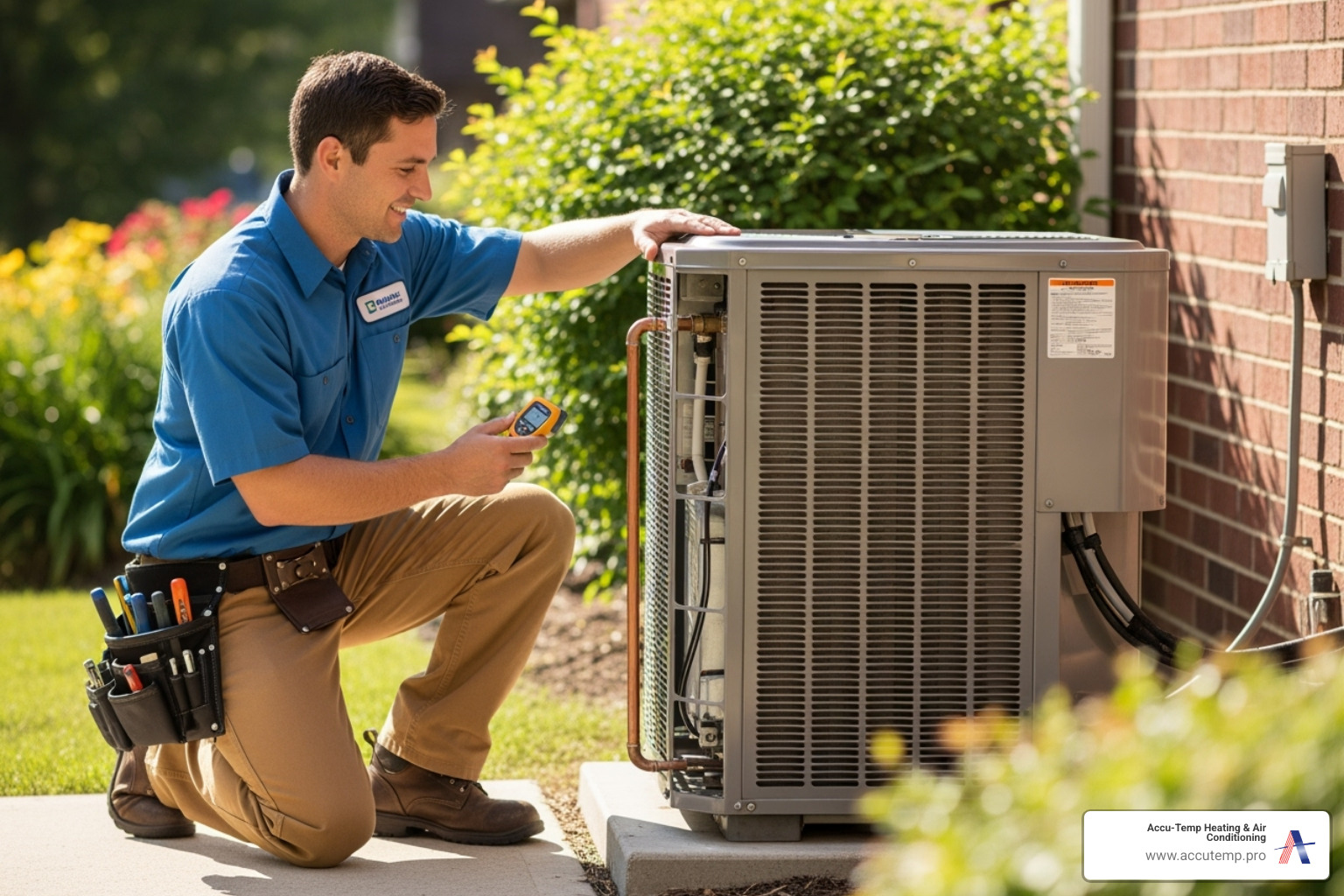 Friendly technician inspecting an outdoor AC unit - ac repair ormond beach Friendly technician inspecting an outdoor AC unit - ac repair ormond beach