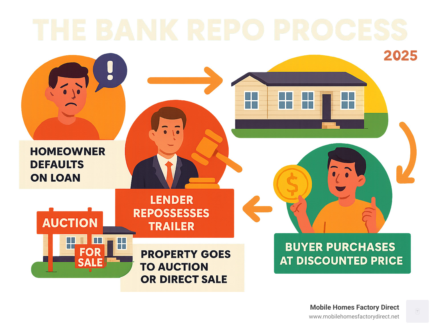 Infographic showing the bank repo process: homeowner defaults on loan, lender repossesses trailer, property goes to auction or direct sale, buyer purchases at discounted price - bank repo trailers for sale infographic 
