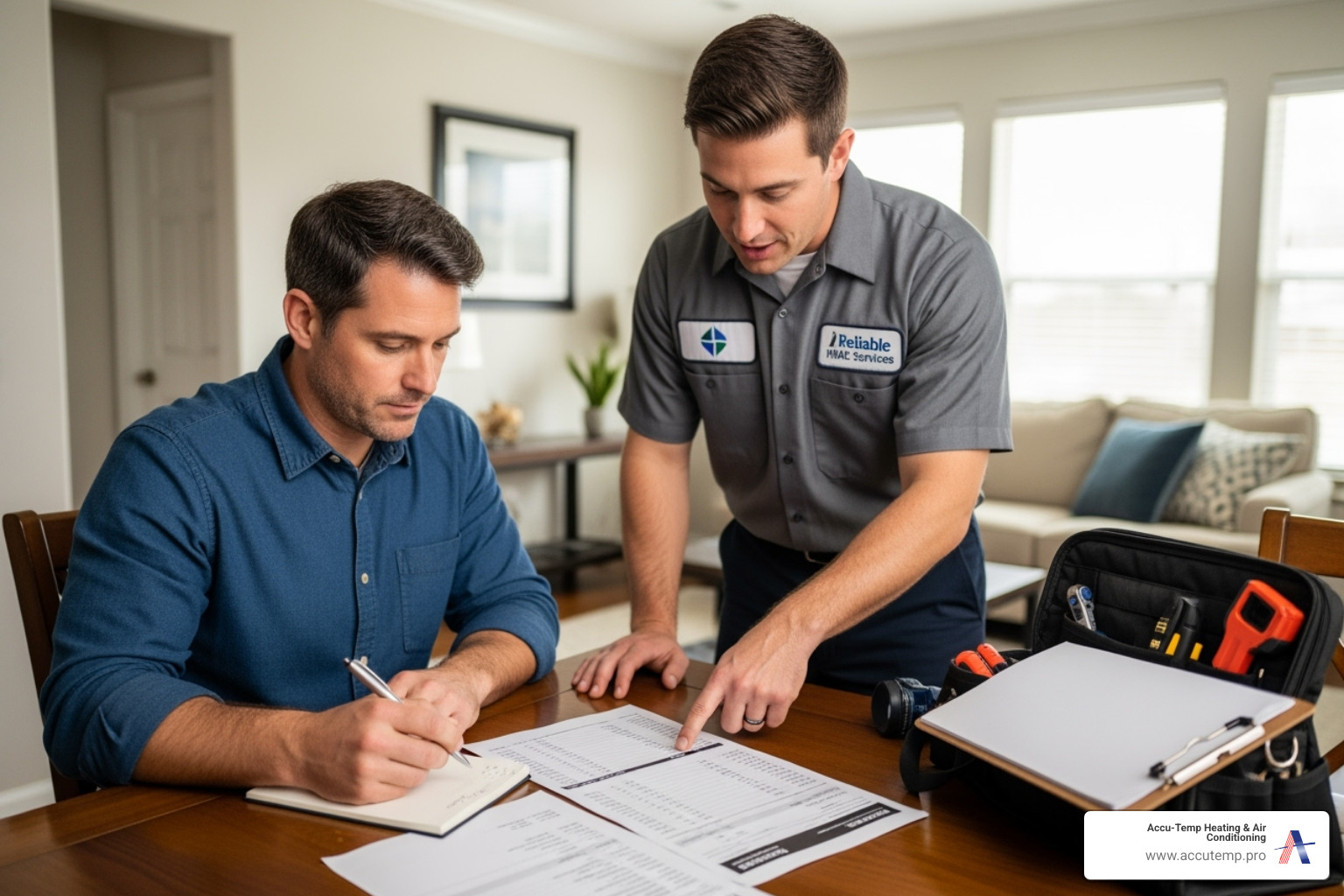 Homeowner reviewing an invoice with a technician - ac repair ormond beach Homeowner reviewing an invoice with a technician - ac repair ormond beach