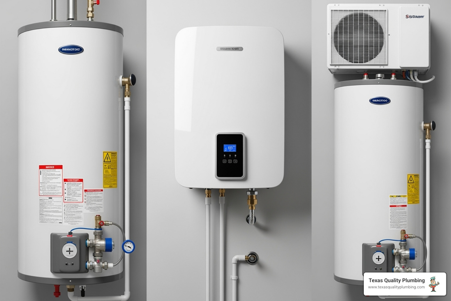 different water heater types side-by-side (tank, tankless, heat pump) - hot water heater upgrade