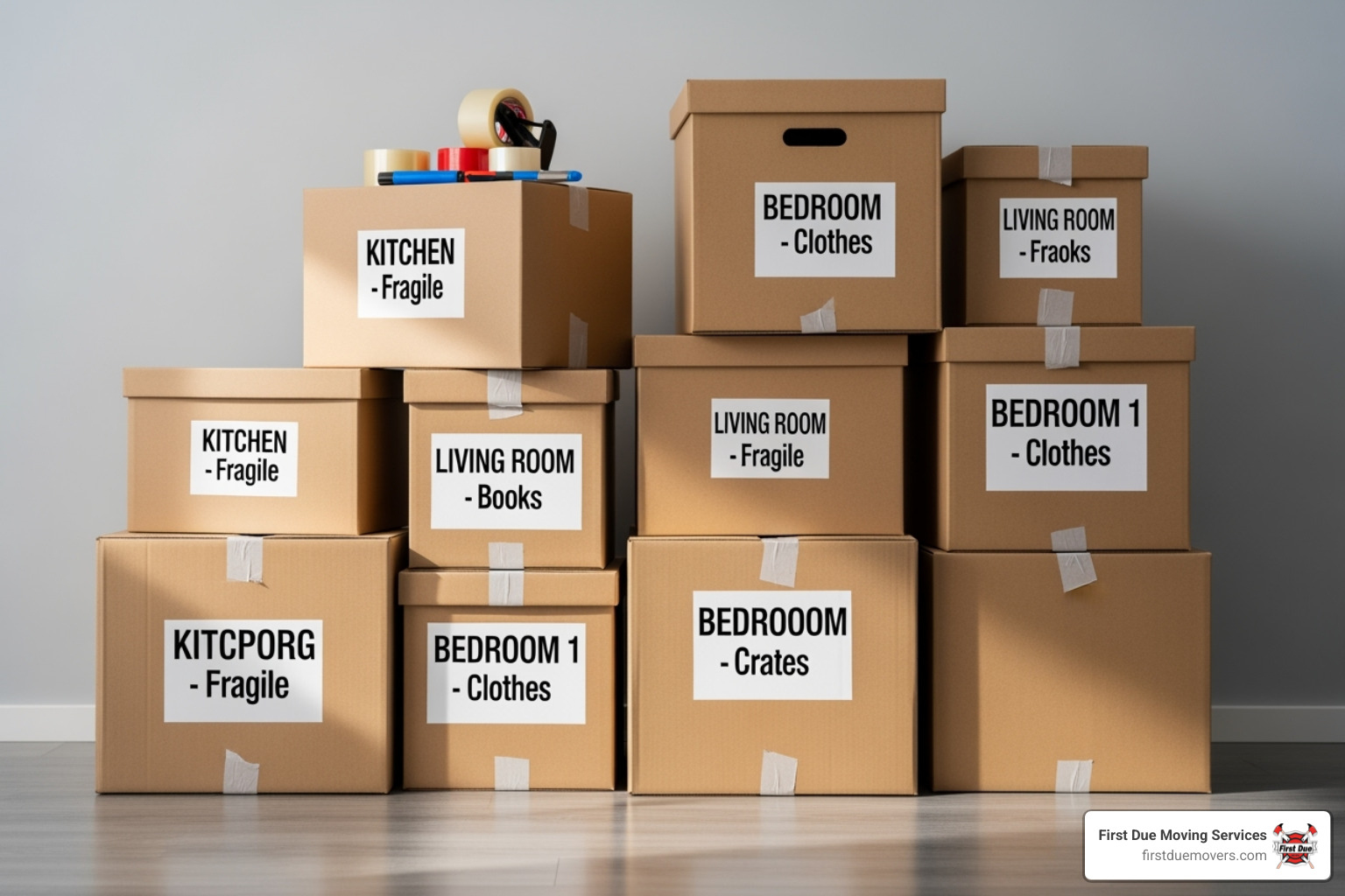 neatly packed and labeled moving boxes - senior moving packing