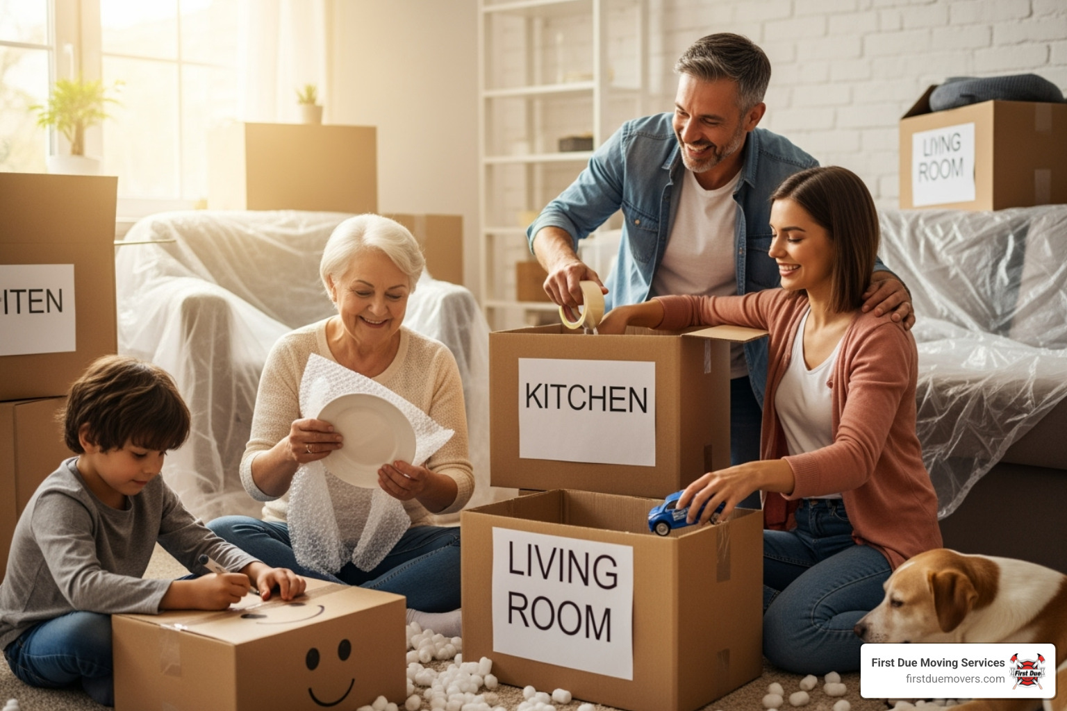 family members helping a senior pack, sharing a laugh - senior moving packing
