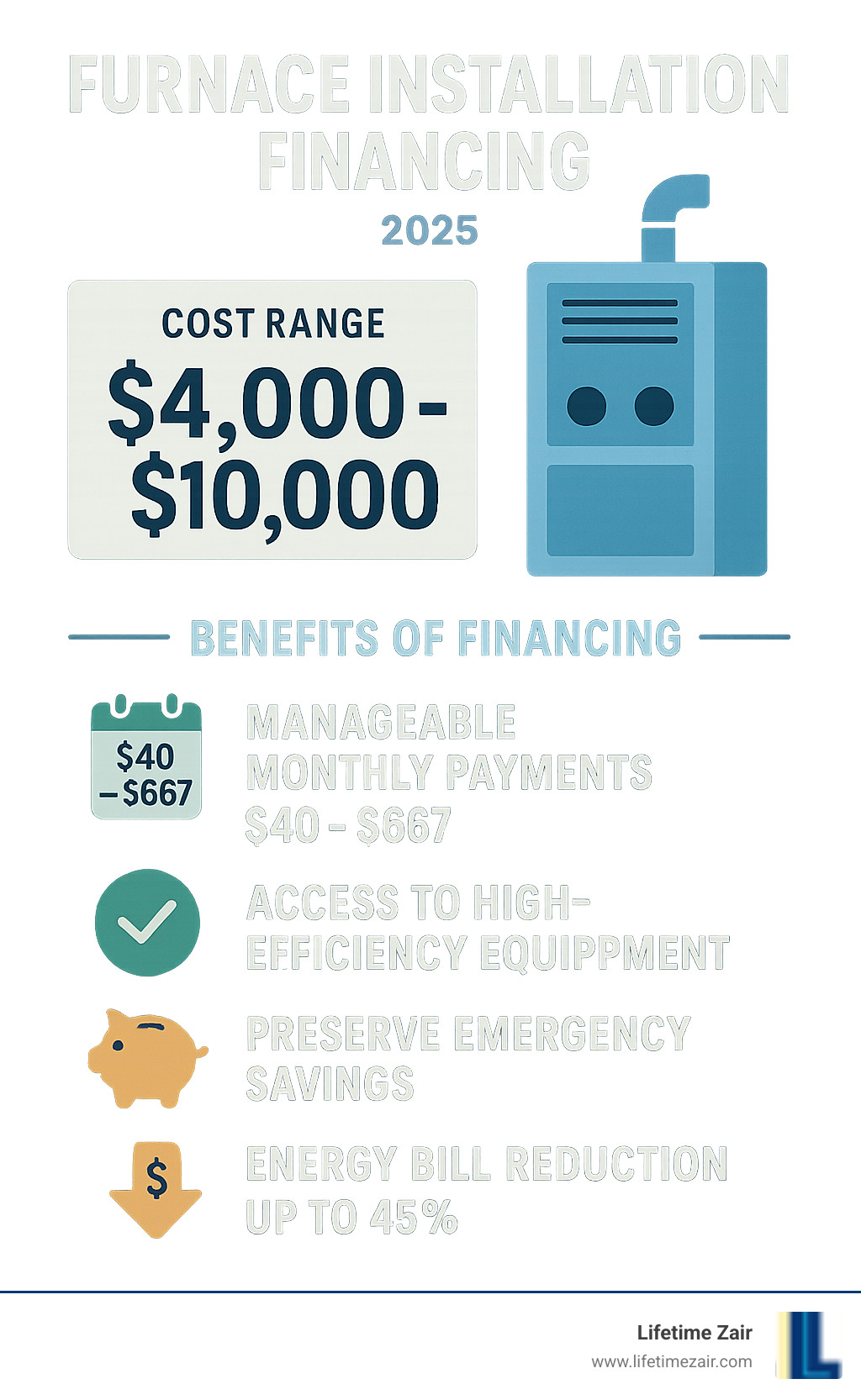 Infographic showing furnace installation costs ranging from $4,000 to $10,000, with financing benefits including manageable monthly payments of $40-$667 depending on system cost, access to high-efficiency equipment, preserved emergency savings, and potential energy bill reductions of up to 45% with modern systems - furnace installation financing infographic 