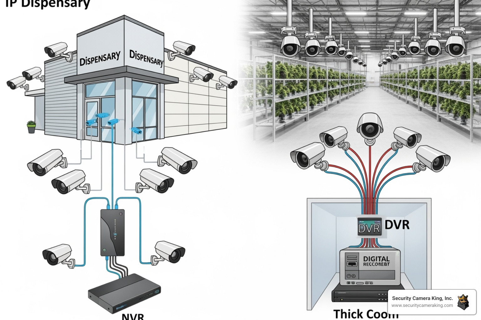 Diagram of an IP system for a small dispensary vs. an HD over Coax system for a large grow-op - Security Cameras for Cannabis Industry