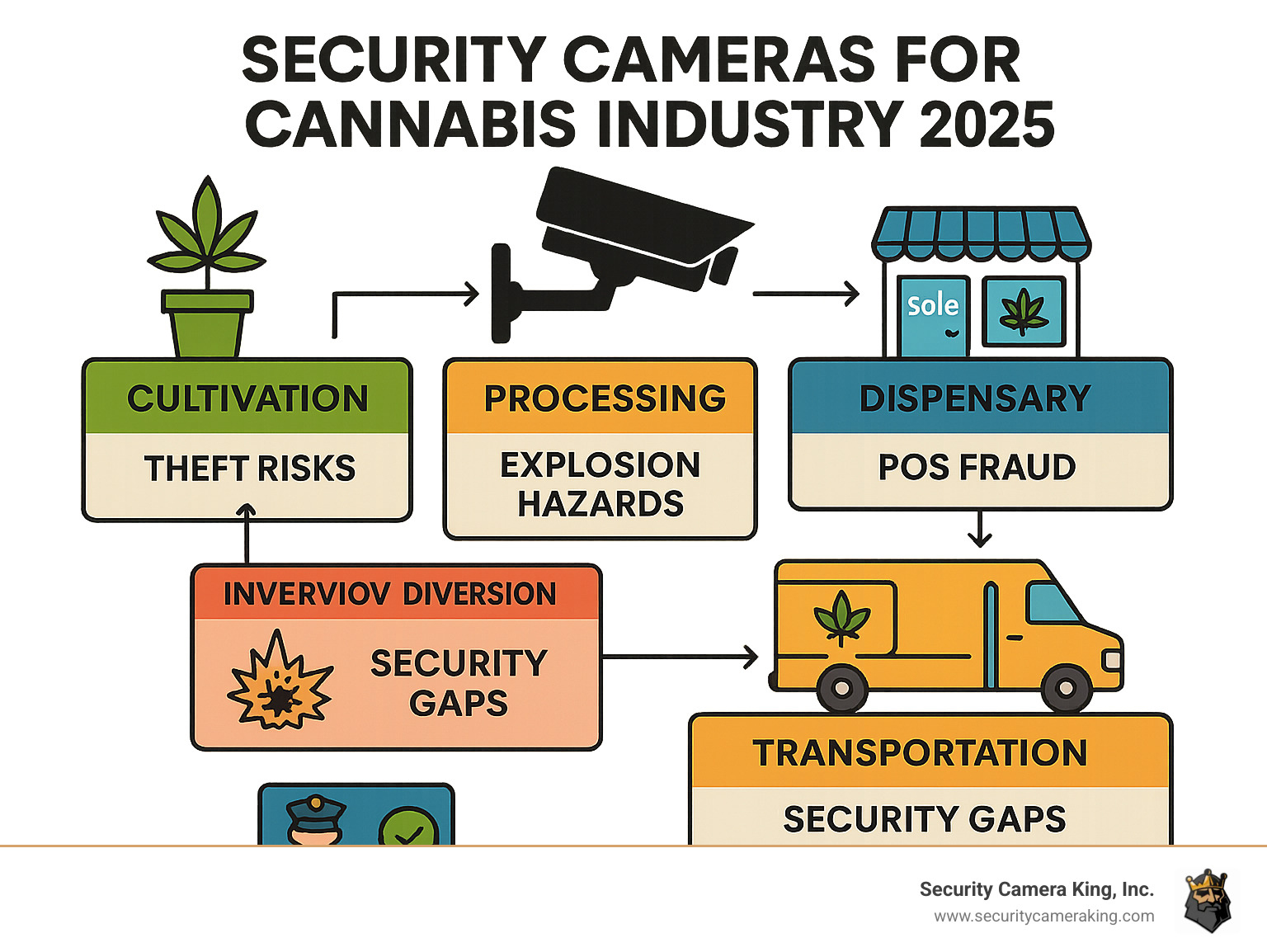 Infographic showing cannabis industry security vulnerabilities including cultivation facility theft risks, processing area explosion hazards, dispensary POS fraud, inventory diversion points, transportation security gaps, and regulatory compliance checkpoints across the seed-to-sale supply chain - Security Cameras for Cannabis Industry infographic 