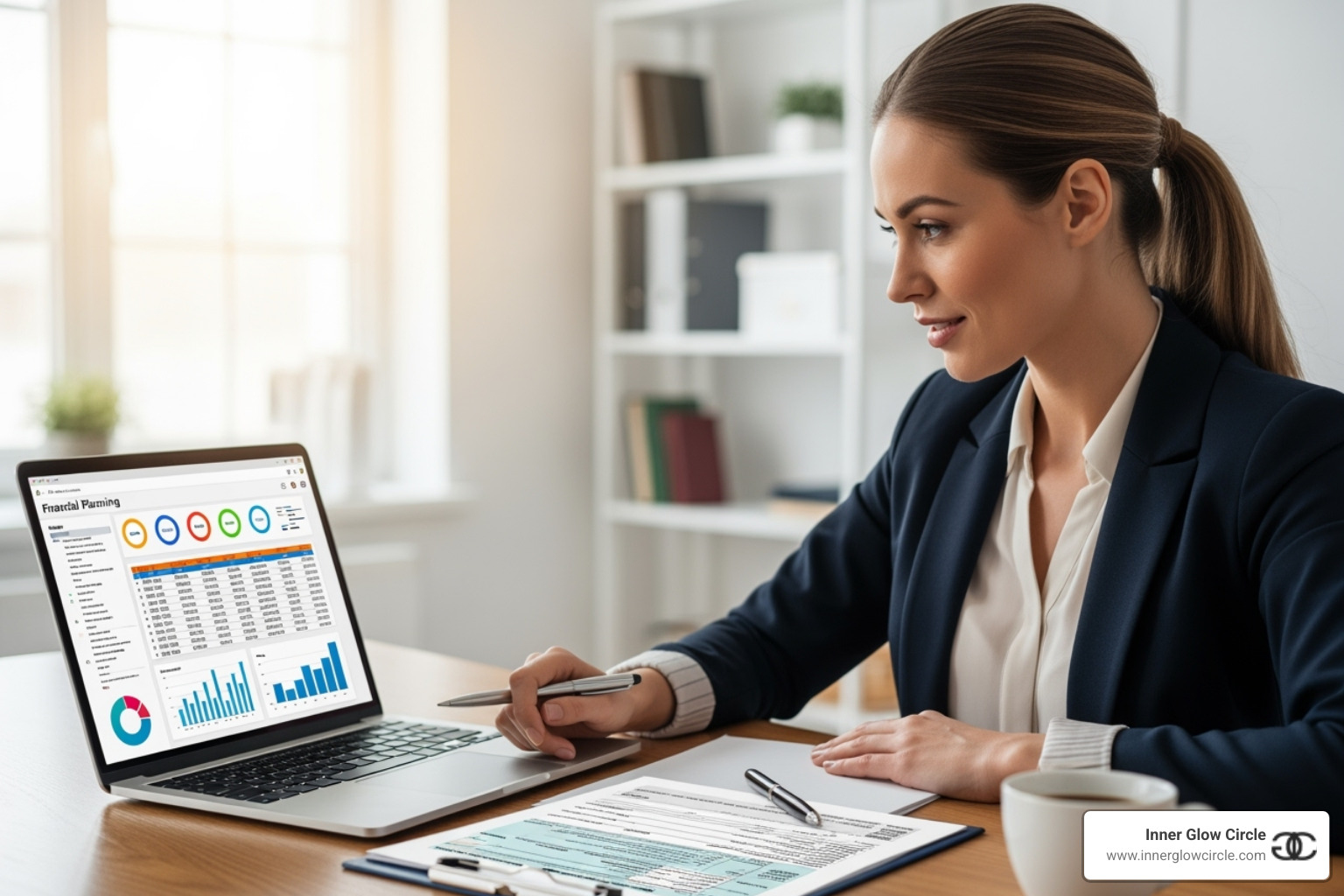 a woman confidently planning her finances on a laptop - life coach training cost