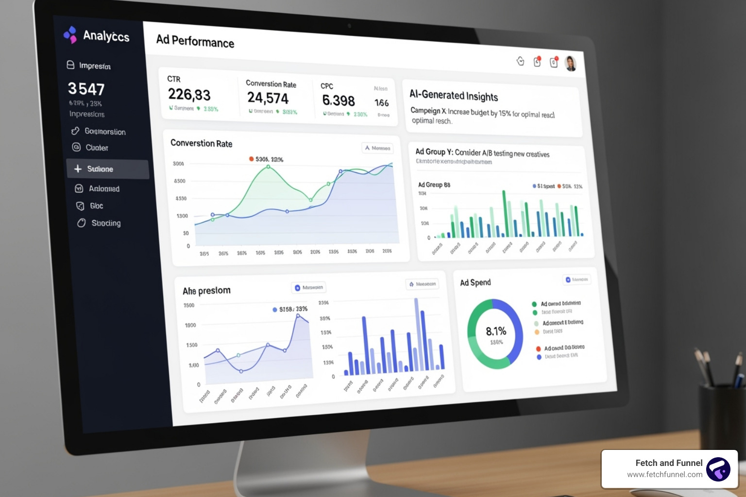 a dashboard showing ad performance analytics and AI-generated insights - ad designing agency a dashboard showing ad performance analytics and AI-generated insights - ad designing agency